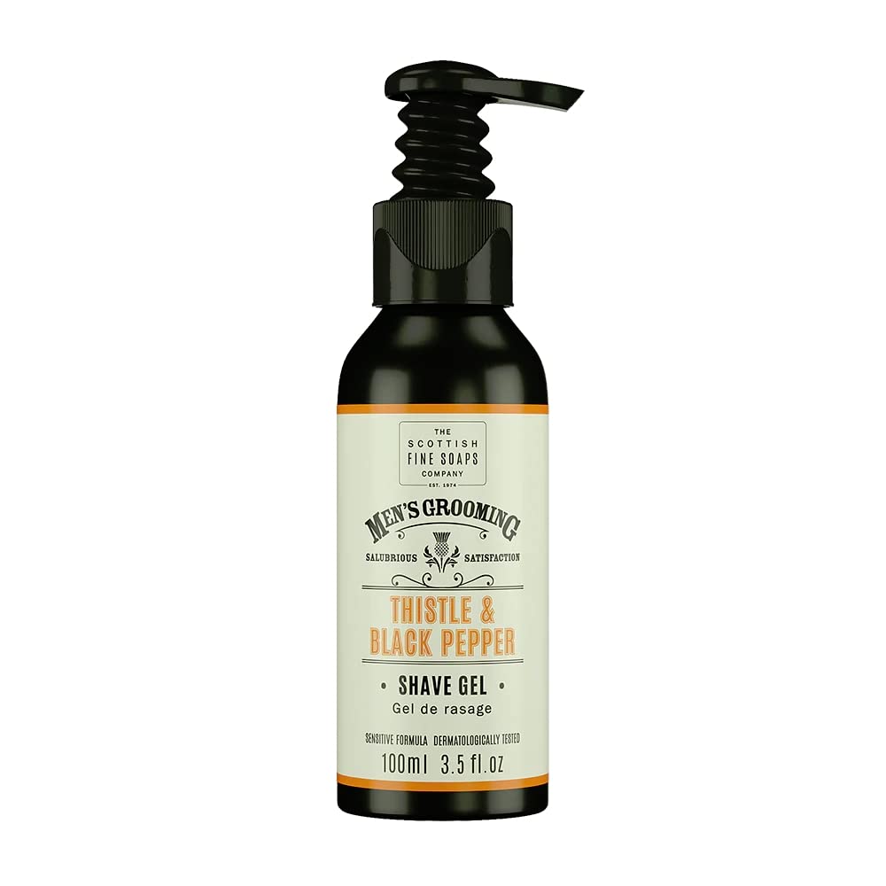 Scottish Fine Soaps Thistle & Black Pepper Shaving Gel with Milk Thistle Extract | Vegan Friendly Quick Lathering Shave Gel | 100ml Bottle | Perfect for Sensitive Skin & Close Shaves