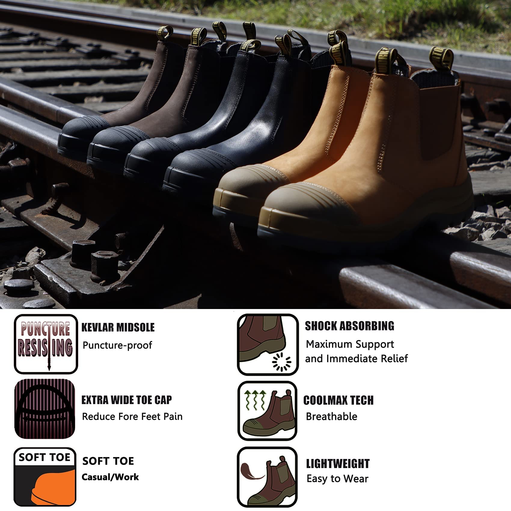 **Men's Steel/Soft Toe Waterproof Work Boots - Slip Resistant, Static Dissipative Safety Shoes for Construction & Outdoor Work (Dark Brown)**    **使用场景:** Ideal for construction workers, electricians, and outdoor laborers needing durable, waterproof, and slip-resistant footwear.