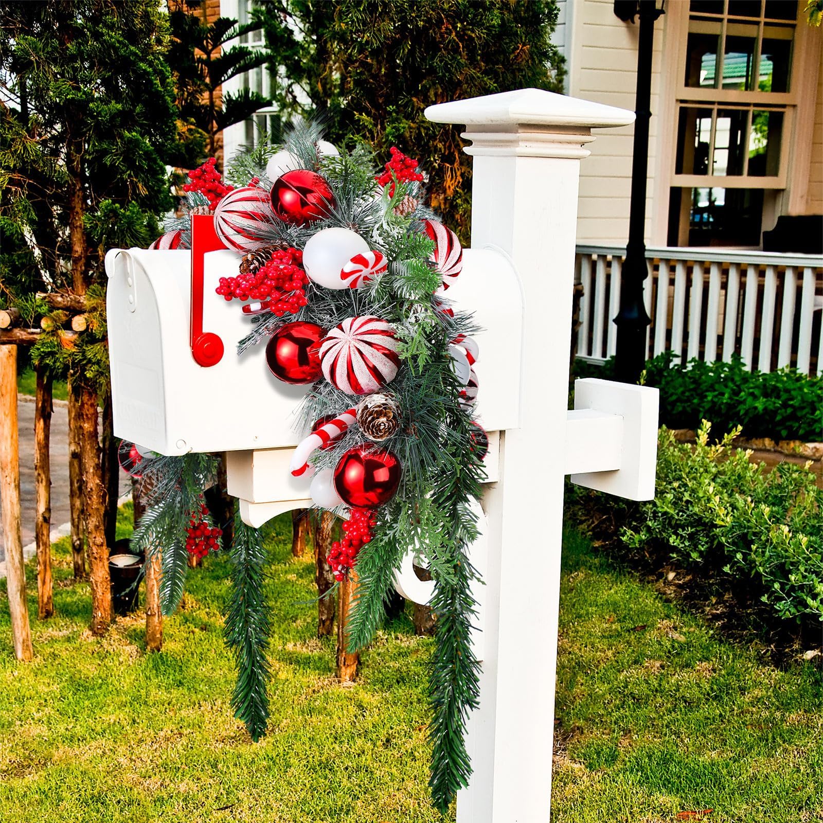 Artificial Candy Cane Christmas Mailbox Swag with LED Lights, Berry Clusters & Pine Cones - Outdoor Holiday Mailbox Decor for Home, Porch and Yard | Waterproof & Durable Christmas Decoration