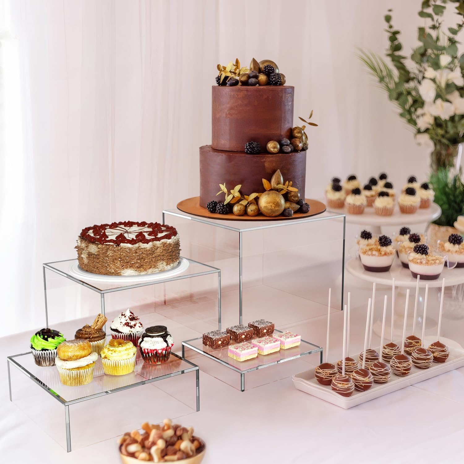 4-Piece Clear Acrylic Display Cubes with Hollow Bottoms - Stackable Buffet Risers for Jewelry, Cupcakes & Home Decor Organization