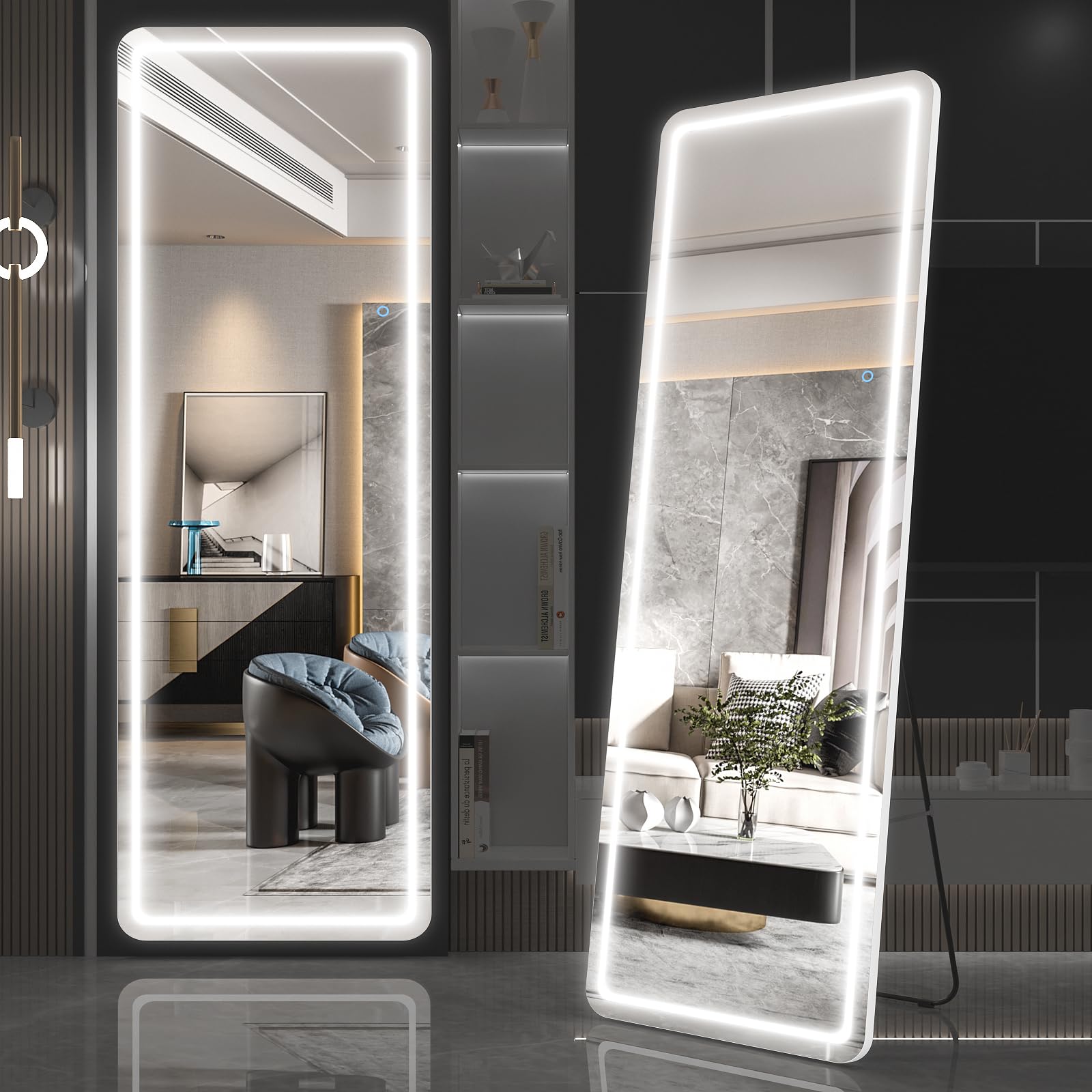 EDTEMI 63x22 Inch Full Length LED Floor Mirror with Lights - Wall Mounted Hanging Mirror for Bedroom, Makeup Vanity Mirror with Dimming & 3 Color Modes (White) - Perfect for Dressing Room, Home Gym, and Fashion Outfit Checks