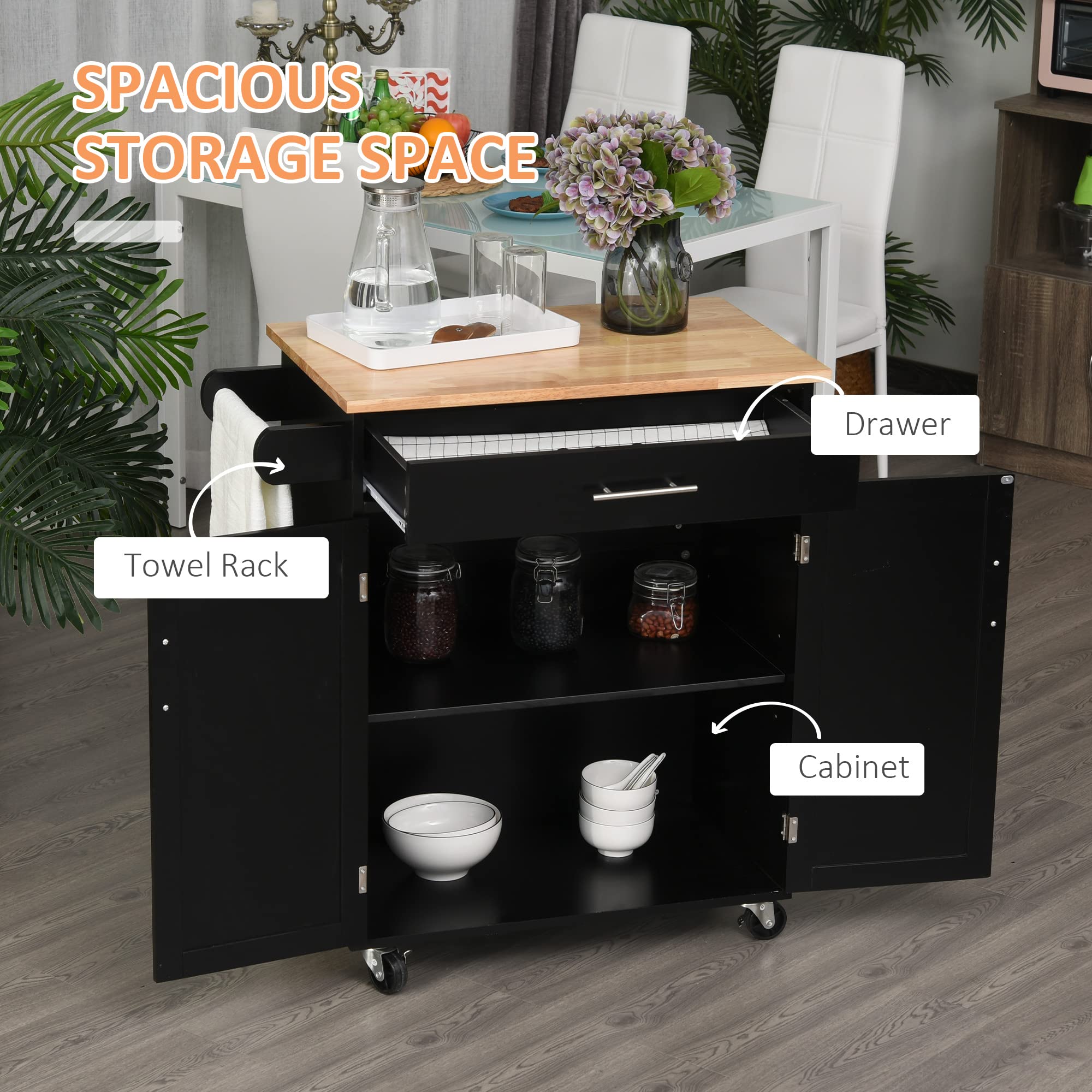 HOMCOM Kitchen Island Cart with Wheels, Rolling Trolley with Drawer, Storage Cabinet & Towel Rack - Black | Mobile Kitchen Organizer for Small Spaces, Countertop Extension for Cooking & Dining