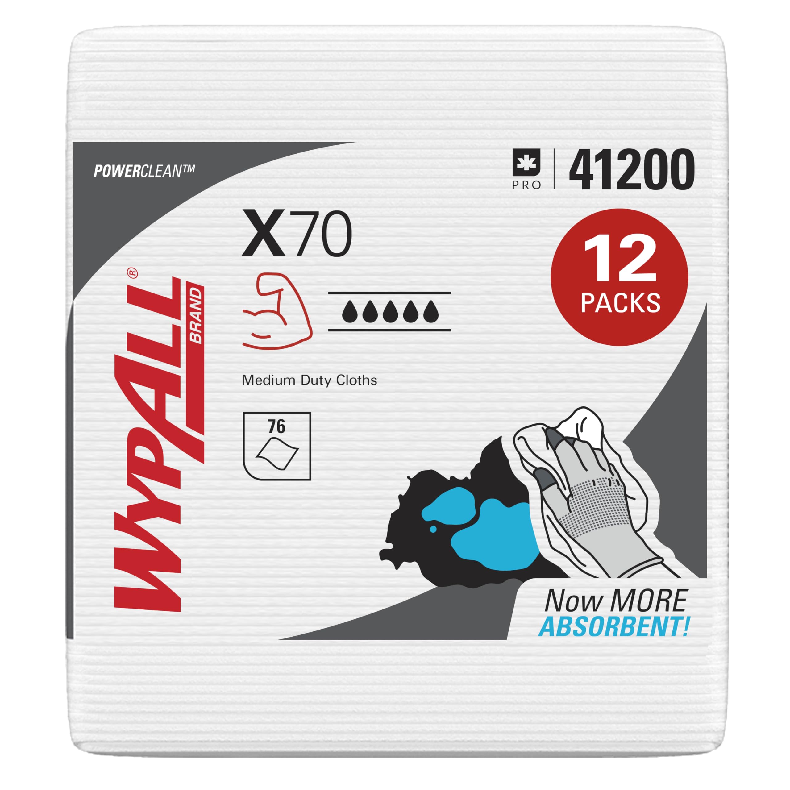 WypAll PowerClean X70 Medium Duty Cleaning Wipes - 12 Packs (76 Sheets Each, 912 Total) | Quarterfold White Towels for Industrial, Garage & Workshop Use | Durable, Long-Lasting Wipes for Heavy-Duty Cleaning