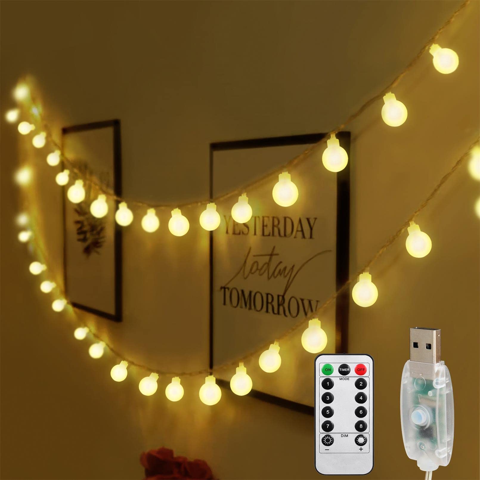 AMARS 34ft 100 LED Christmas Globe String Lights with Remote & Timer - USB Plug Fairy Lights for Bedroom, Wall Decor, Tapestry, Patio, Garden, Xmas Tree, Wedding - Warm White Twinkle Ball Lights for Holiday & Party Decorations