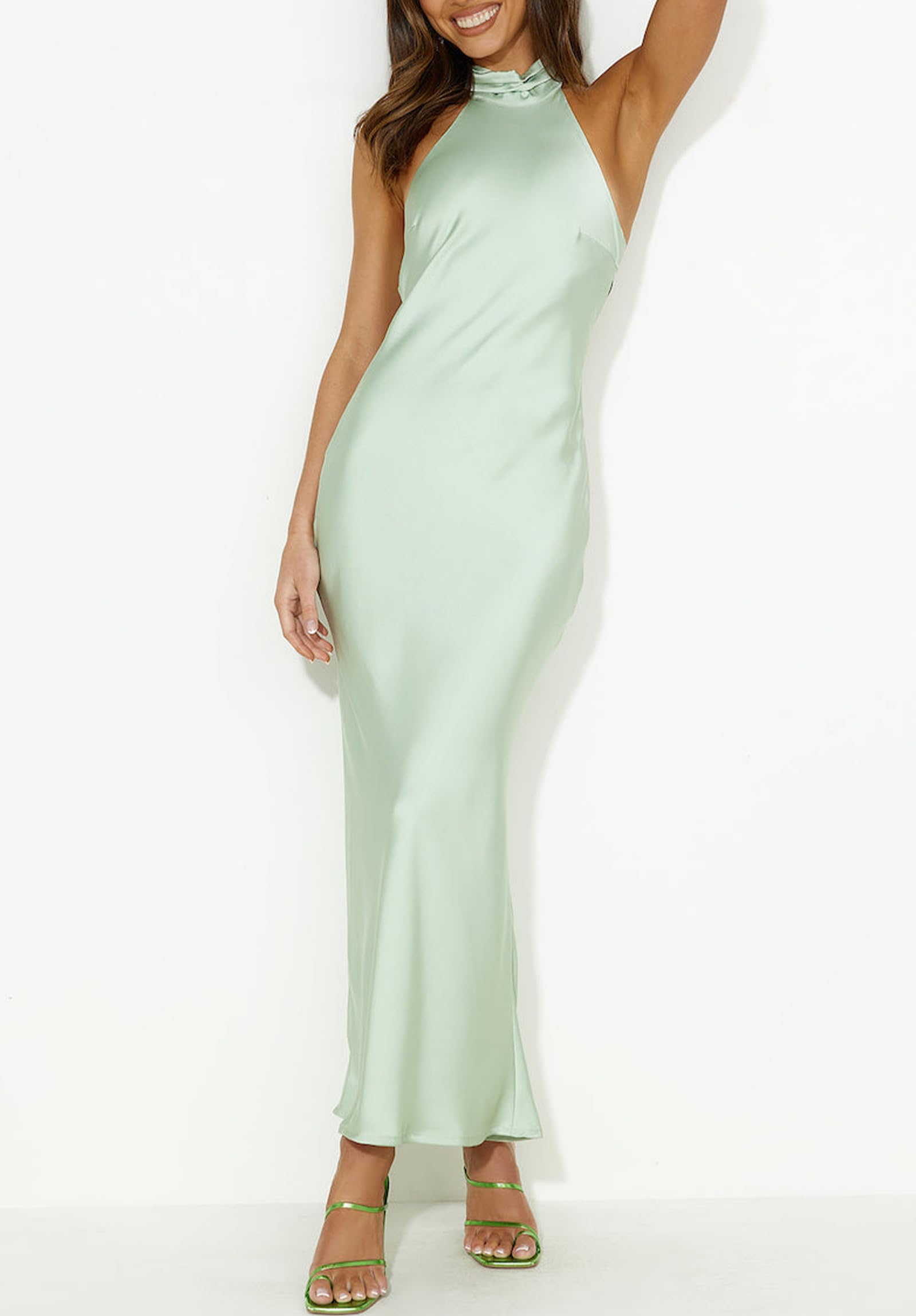 Phicia Women's Sexy Satin Halter Neck Backless Maxi Dress - Elegant Tie Cowl Back Formal Gown for Wedding Guest, Party & Summer Events - Perfect for Beach Vacations, Date Nights and Special Occasions
