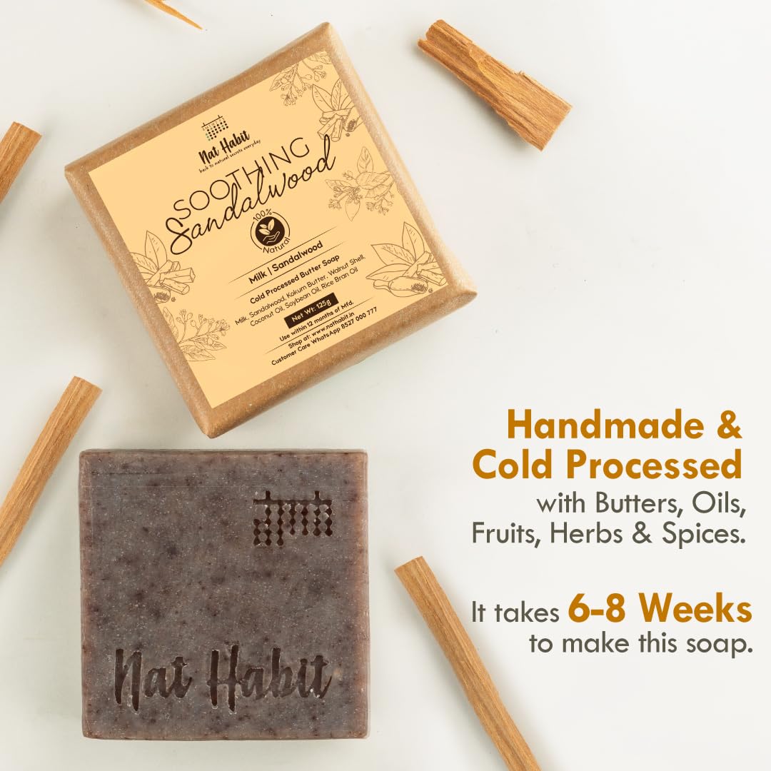 Nat Habit Brightening Milk & Rosehip & Soothing Sandalwood Bath Soap Combo - Enriched with Vitamin C, Handmade for Women & Men - Skin Exfoliation, Cleansing & Nourishing (125g) - Perfect for Daily Skincare & Relaxing Bath Time