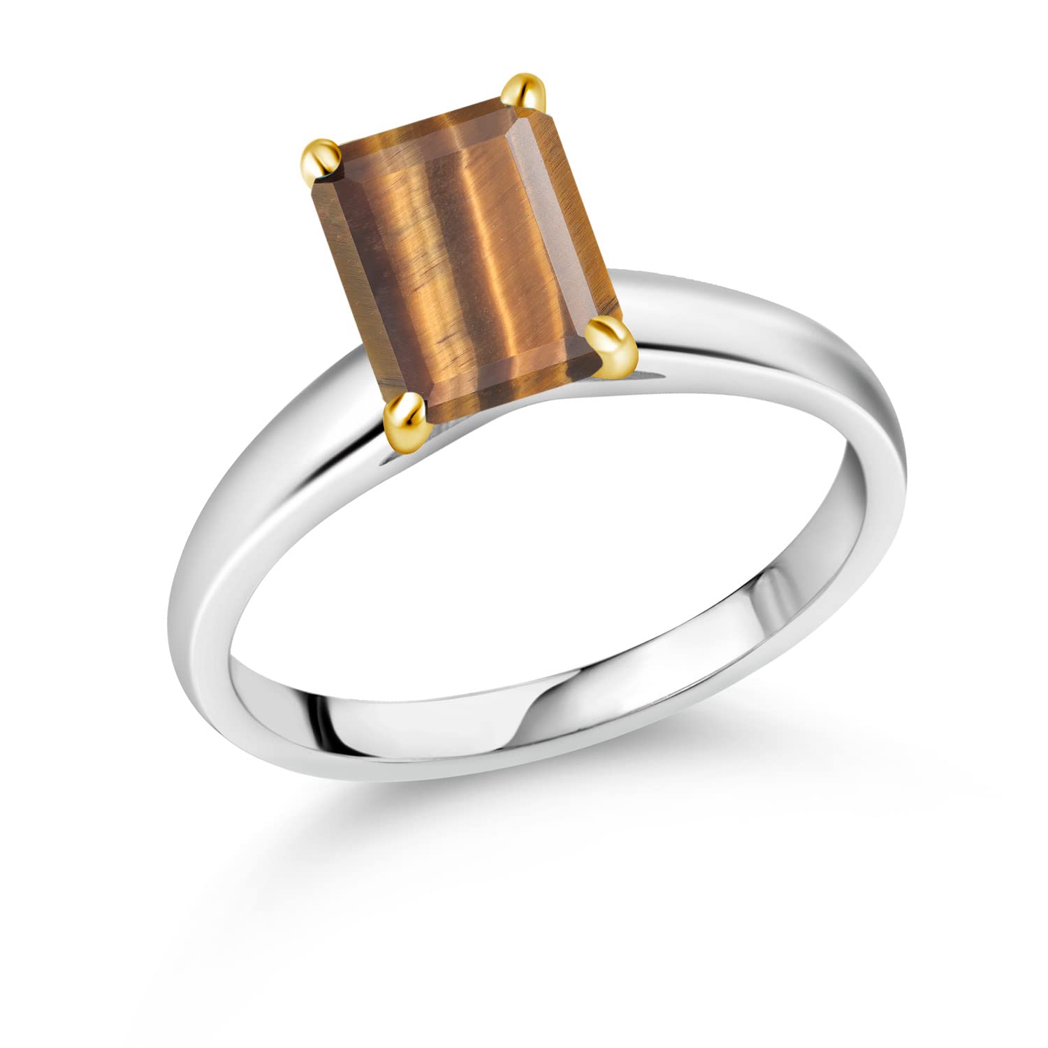 2.00 Ct Emerald Cut Brown Tiger Eye Ring in 10K White Gold with Yellow Gold Prongs | Gem Stone King | Elegant Jewelry for Women, Perfect for Weddings, Anniversaries & Special Occasions