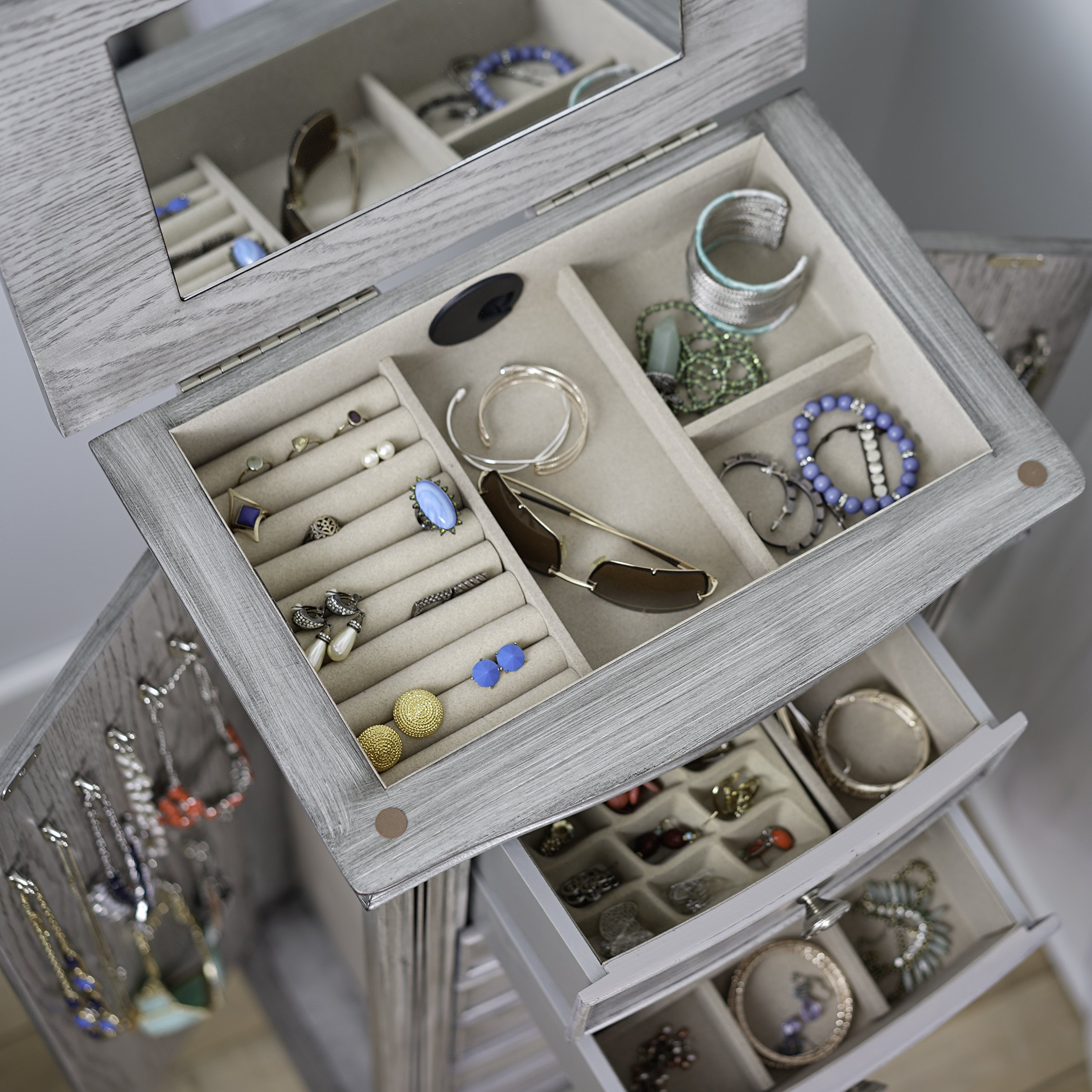 Lawson Standing Jewelry Armoire Cabinet with Mirror - 7 Drawers, 2 Side Doors for Necklace, Earring & Bracelet Storage - Grey Jewelry Organizer Chest for Bedroom, Closet or Dressing Room