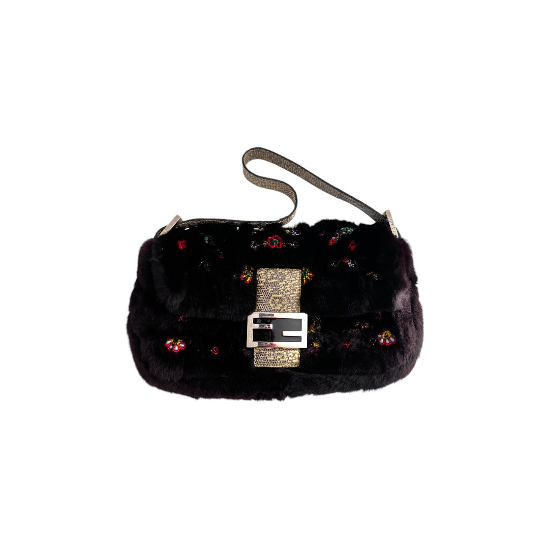 Fendi Rabbit Fur Floral Embroidery Beaded Baguette Bag - Luxury Designer Handbag for Women, Evening Parties & Special Occasions