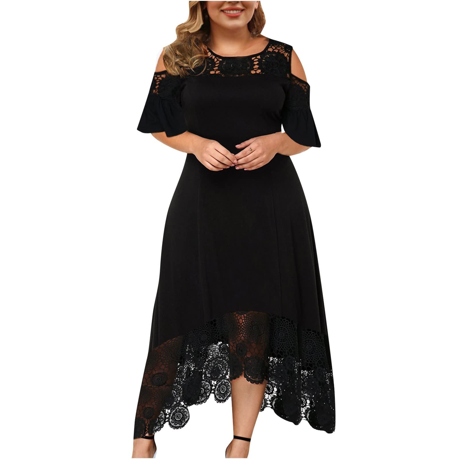 Sexy Plus Size Women's Summer Dresses - Strapless Ruffle Lace Short Sleeve Club Party Dress for Night Out & Beach Vacation