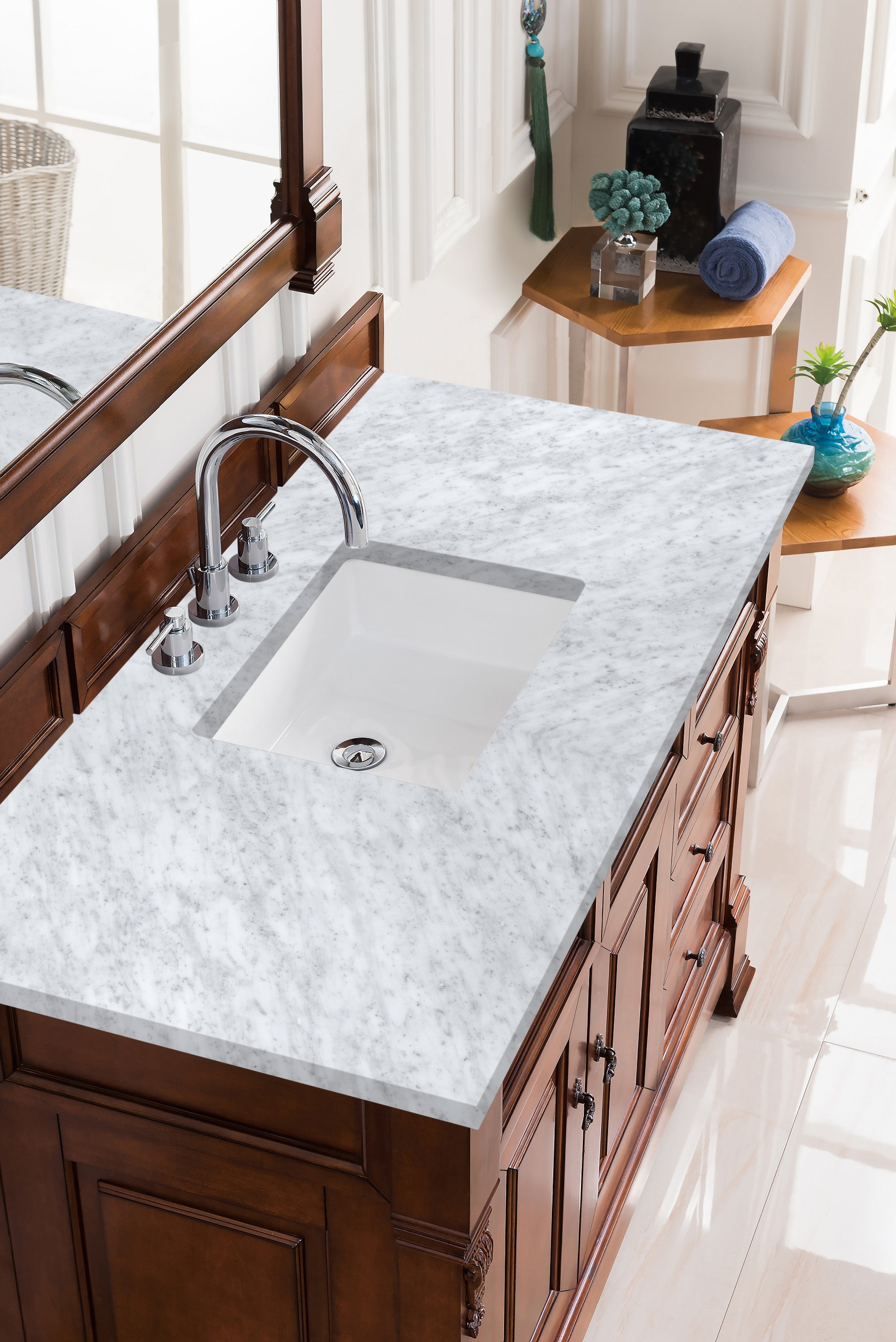 Brookfield 48 Inch Single Bathroom Vanity with Warm Cherry Finish and 3CM Carrara Marble Top - Perfect for Modern Home Bathroom Renovation and Upgrade