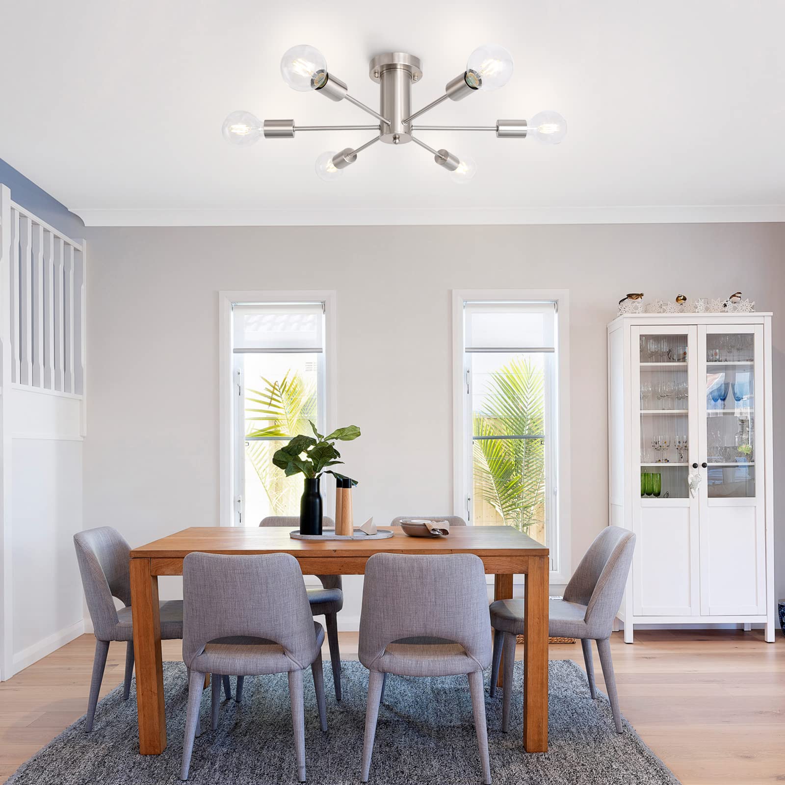 Modern 6-Light Sputnik Chandelier Ceiling Fixture in Brushed Nickel - Semi Flush Mount Lighting for Kitchen, Bedroom, Dining Room & Hallway - Perfect for Contemporary Home Decor and Ambient Lighting