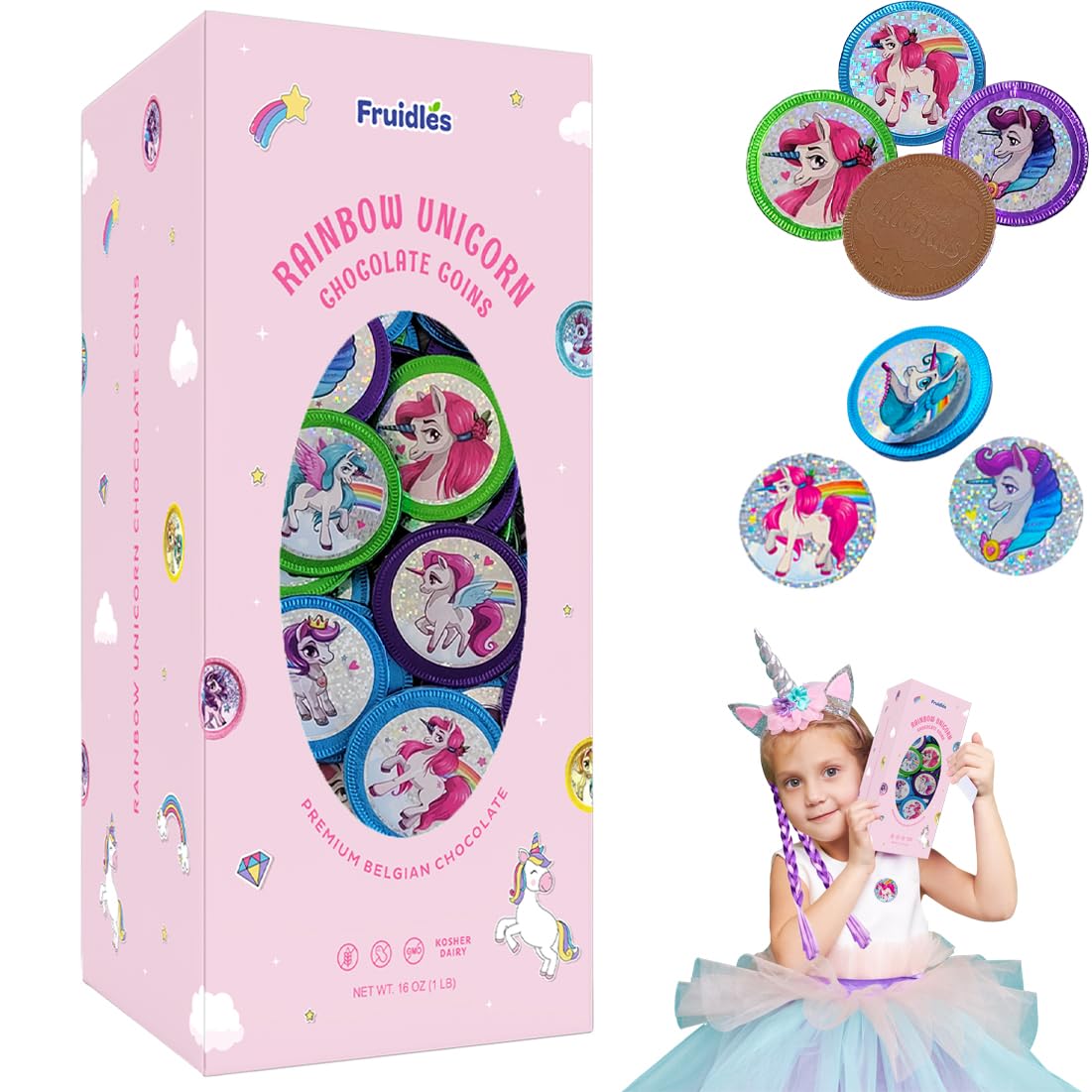Fruidles Rainbow Unicorn Chocolate Coins with Stickers - 1 Pound Kosher Certified Milk Chocolate Coins in Foil Wrappers - Fun Birthday Party Favors, Easter Basket Stuffers & Holiday Treats for Kids