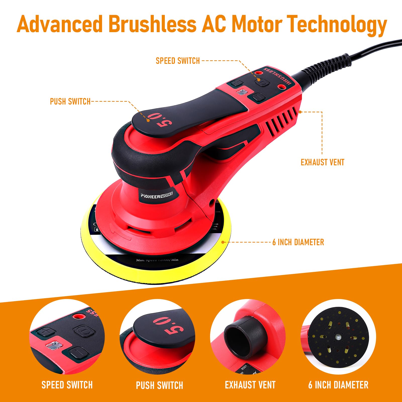 PioneerWorks 6-Inch Electric Random Orbital Sander - 350W Brushless Motor, 10000 RPM, Professional Woodworking & Polishing Tool with 20 Sanding Papers - Perfect for Furniture Refinishing, DIY Projects & Auto Body Work