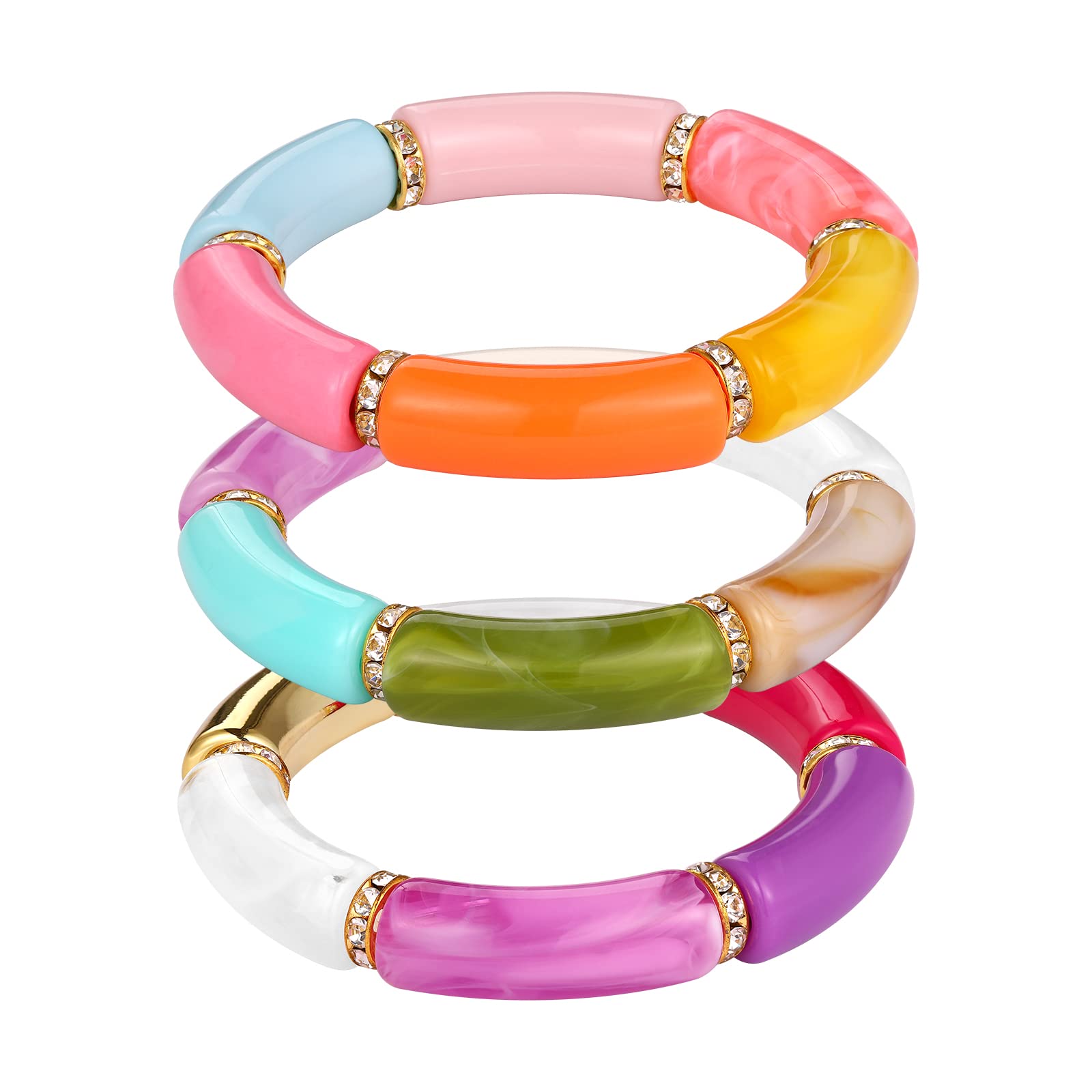 Stylish Gold Bamboo Tube Bracelet - Chunky Stackable Bangle with Colorful Acrylic Beads, Stretchable Friendship Bracelet for Women | Perfect for Gifts, Boho Fashion, and Everyday Wear
