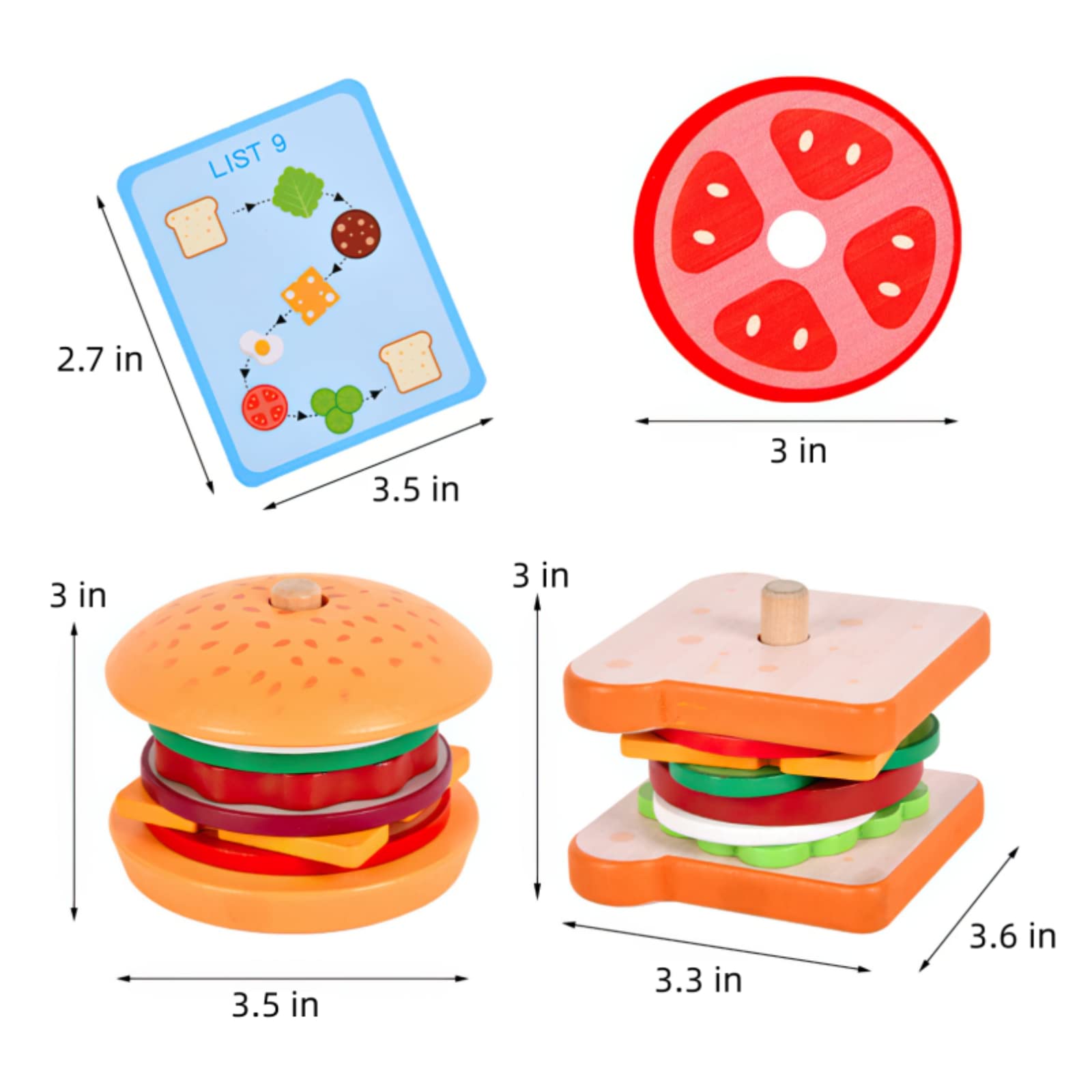 Wooden Burger Sandwich Stacking Toys for Kids - Montessori Learning Toys for Toddlers & Preschoolers to Develop Fine Motor Skills - Pretend Play Kitchen & Educational Stacking Game for Children