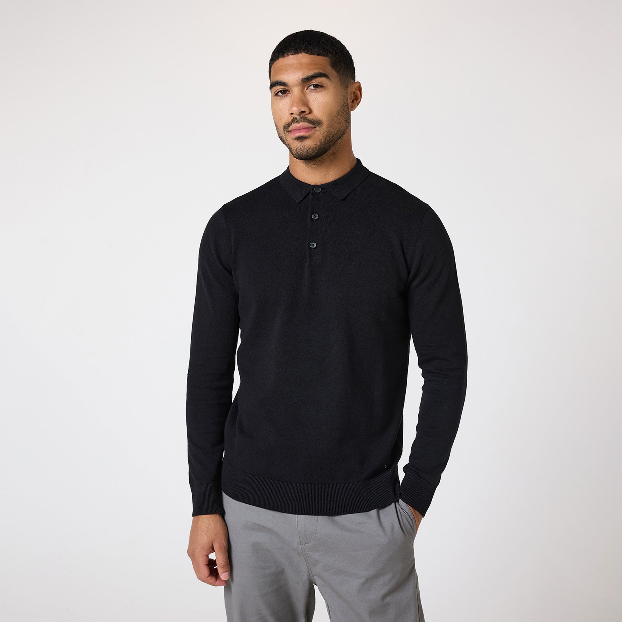 Men's Long Sleeve Knitted Polo Shirt - Soft Cotton Blend, Slim Fit, Black - Perfect for Business Casual, Office Wear & Fall Layering