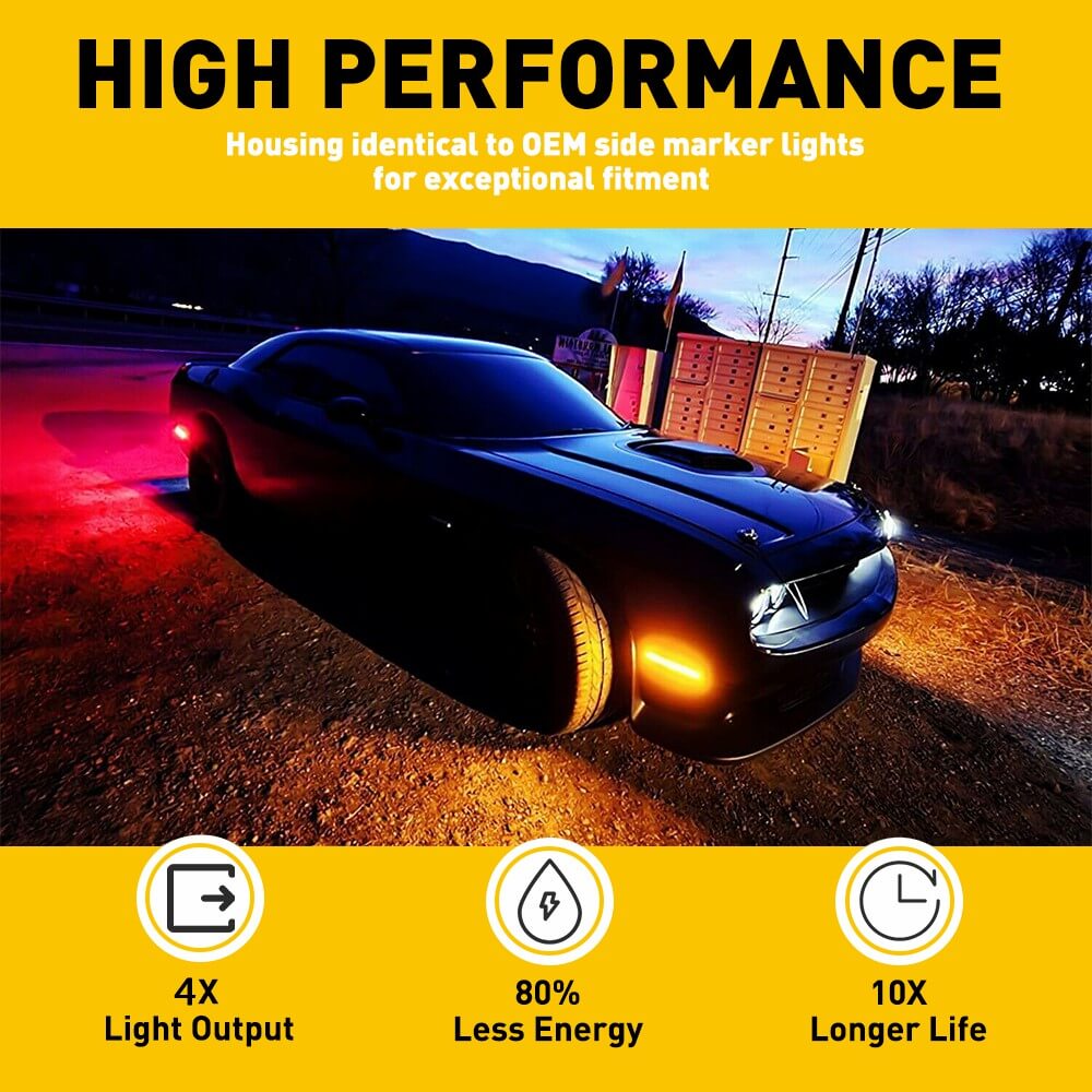 Smoke Shell Full LED Side Marker Lights for 2018-2022 Dodge Challenger SRT & R/T Widebody Models - Front & Rear Bumper Replacement - Enhance Visibility & Style for Night Driving & Car Shows