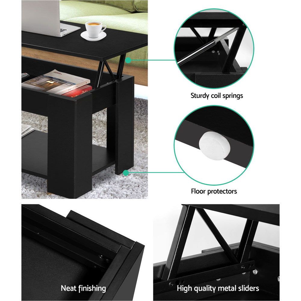 Lift-Up Top Coffee Table with Storage Shelf - Black | Modern Living Room Furniture for Small Spaces | Perfect for Storing Magazines, Remote Controls, and Home Decor