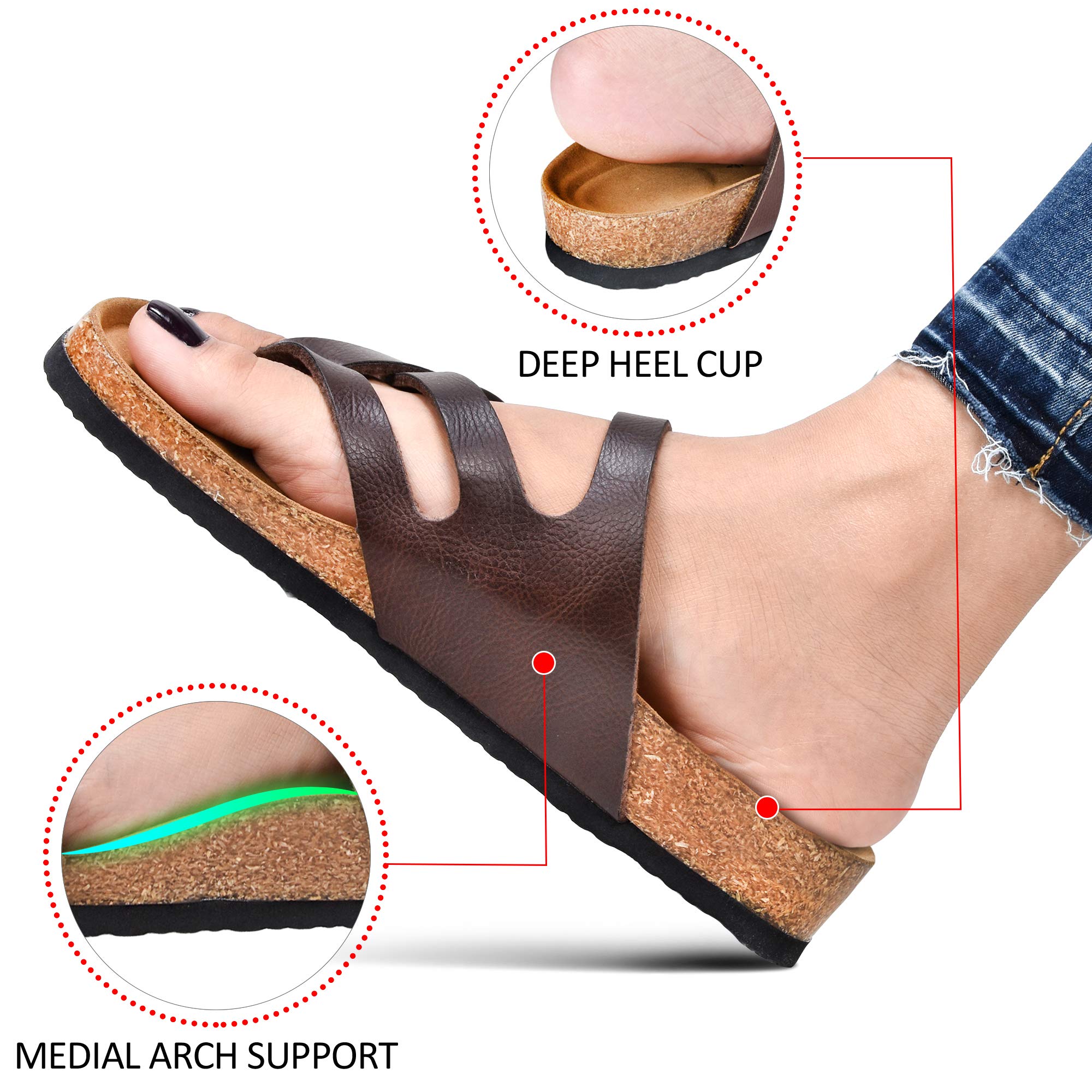 AEROTHIC Women's Strappy Slip-On Sandals with Memory Foam Cushion & Cork Footbed - Adjustable Buckle, Arch Support for All-Day Comfort - Perfect for Beach, Pool, Travel & Casual Wear