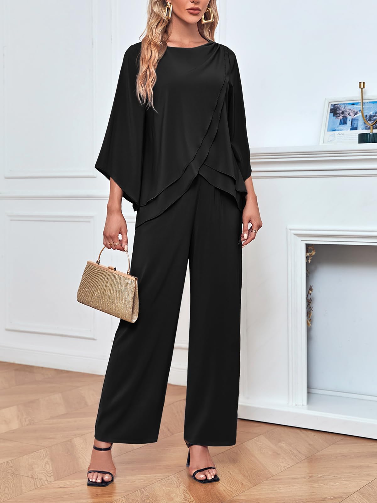 Zongqiven Women's 2-Piece Chiffon Pant Suit Set - Mother of the Bride Asymmetrical Hem Top & Pants for Wedding, Prom & Party Outfits | Elegant Formal Wear for Special Occasions