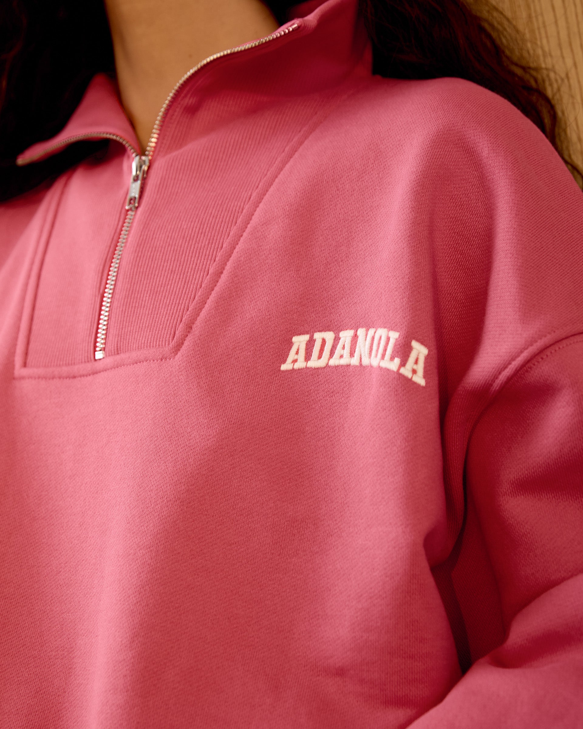 Varsity Relaxed Funnel Neck Zip Sweatshirt - Soft Rose Pink Pullover for Women | Cozy Casual Wear for College, Street Style & Lounge Outfits