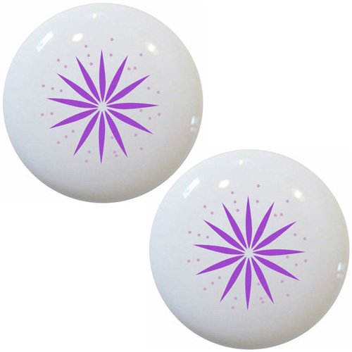 Set of 2 Purple Starburst Ceramic Cabinet Drawer Knobs - Vintage Style Hardware for Dresser, Kitchen Cabinets & Furniture - Easy DIY Installation Upgrade for Home Decor