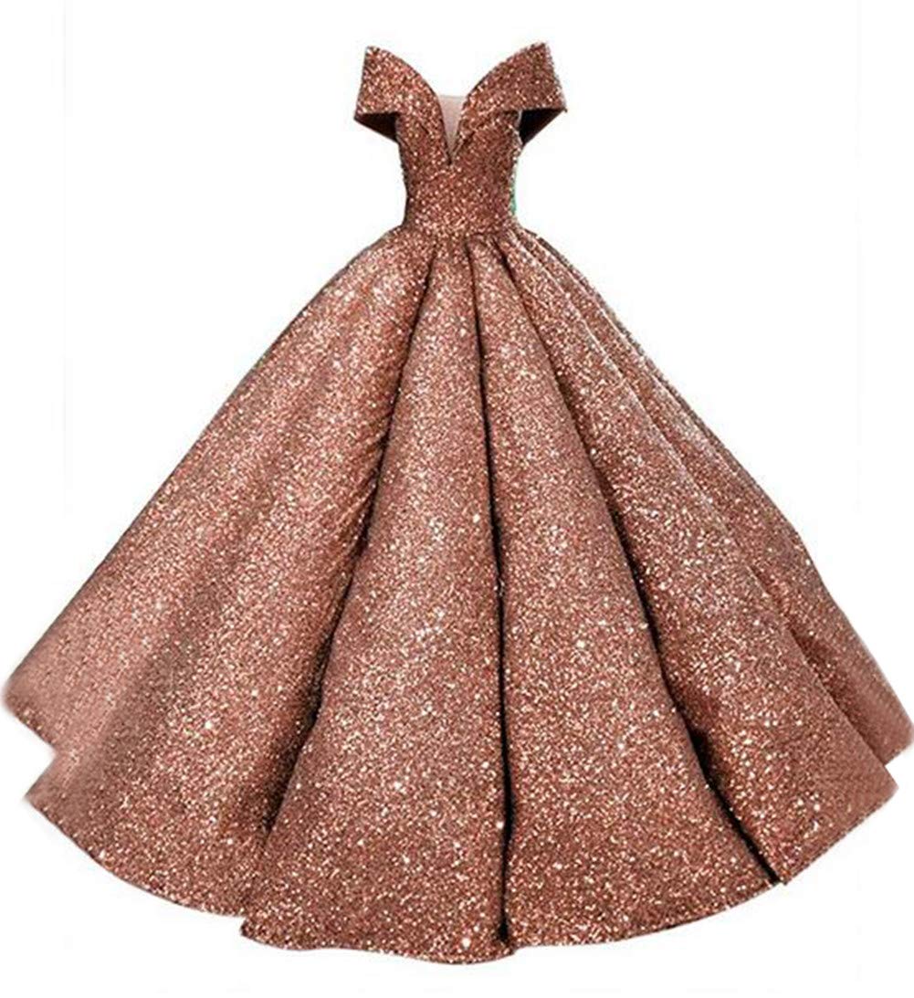 Emanni Women's Off The Shoulder Quinceanera Dress Ball Gown - Sequin Prom Dress with Ruffled Details in Rose Gold | Perfect for Sweet 16, Homecoming, and Formal Events