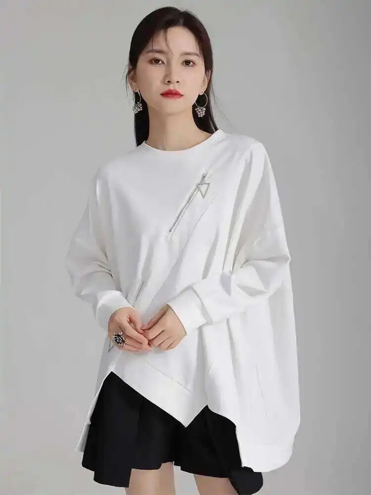Black Irregular Hem Zipper Sweatshirt for Women - Oversized Round Neck Long Sleeve Pullover | Trendy 2025 Fall & Spring Fashion | Perfect for Casual Outfits, Streetwear, and Layering