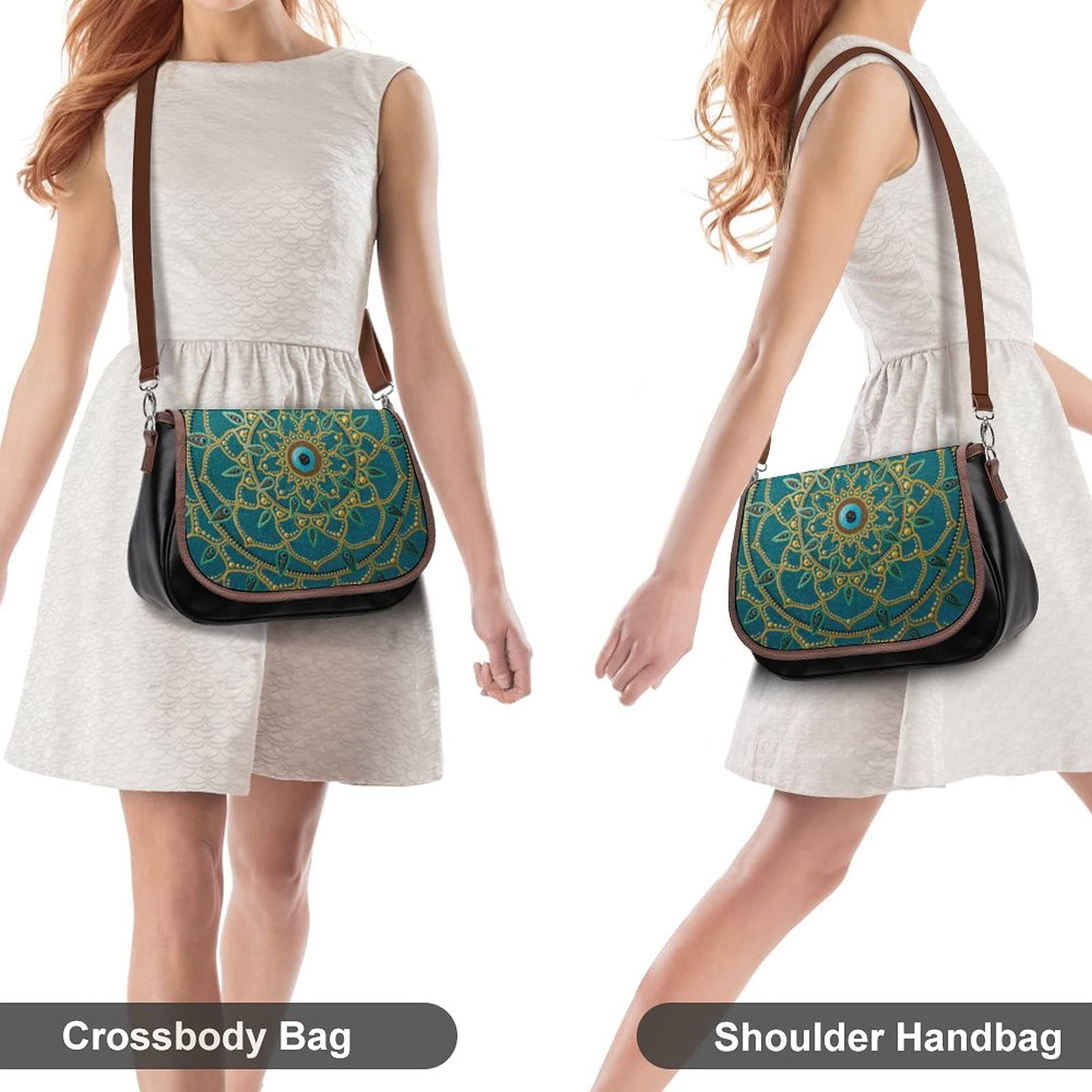 Women's Printed Crossbody Shoulder Bag - PU Leather Mandala Design Satchel in Dark Green | Perfect for Travel, Work & Everyday Use