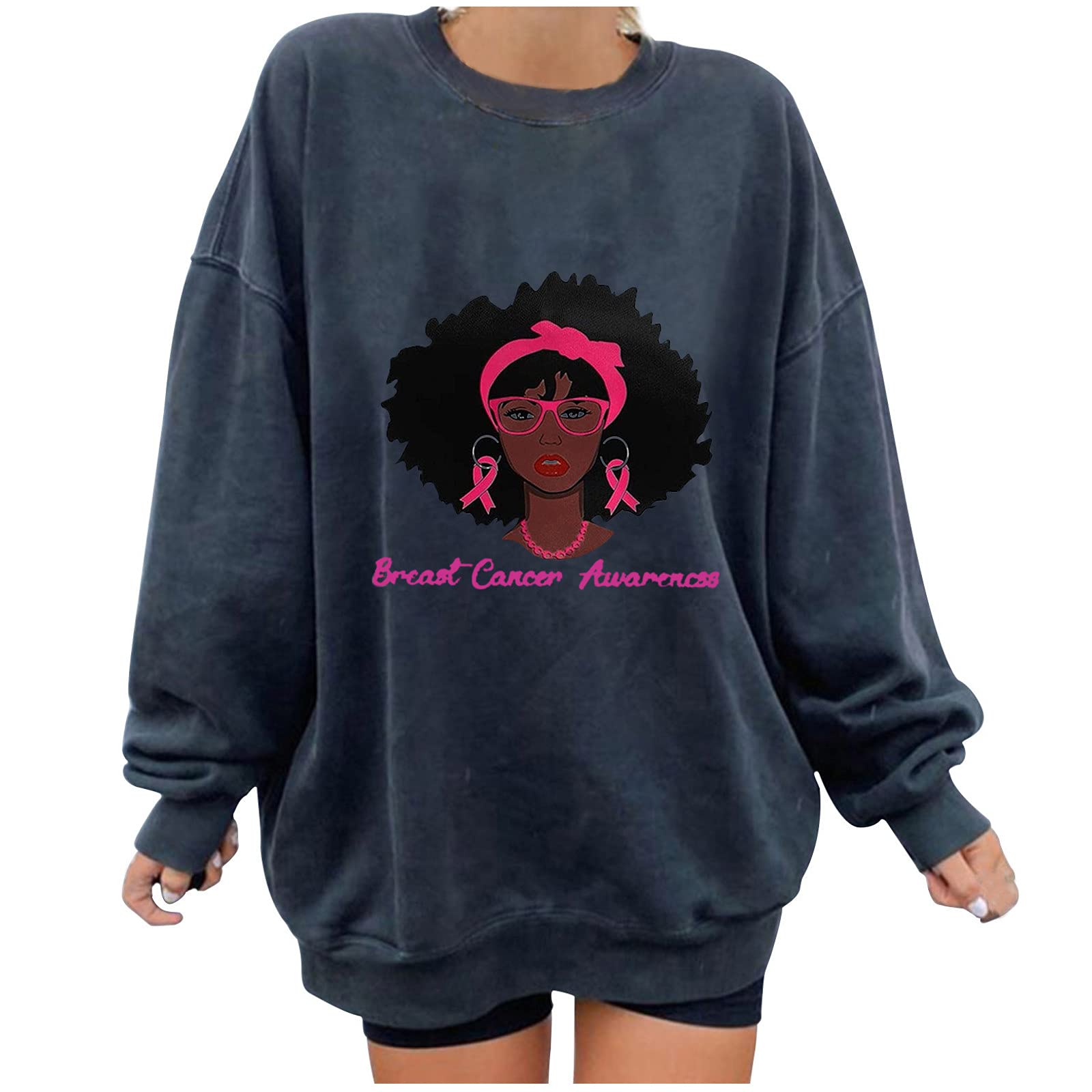 Pink Ribbon Breast Cancer Awareness Sweatshirt for Women - Long Sleeve Crewneck Pullover Top | Comfortable Casual Sweater Blouse | Perfect for Fundraising Events, Survivor Support & Everyday Wear