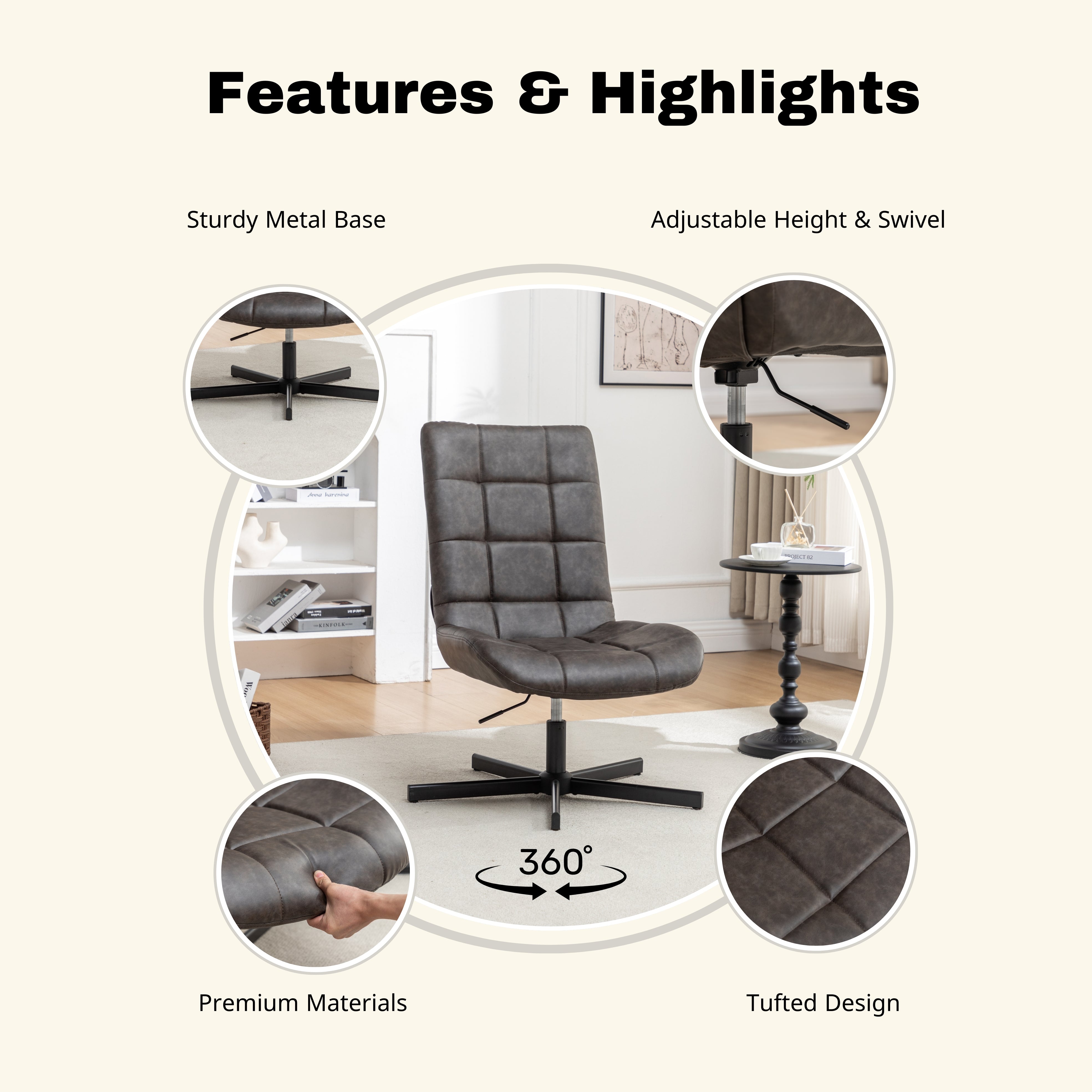 Roundhill Furniture Arlena Faux Leather Tufted Swivel Accent Chair - Modern Living Room Lounge Chair for Home Office, Reading Nook & Bedroom Decor