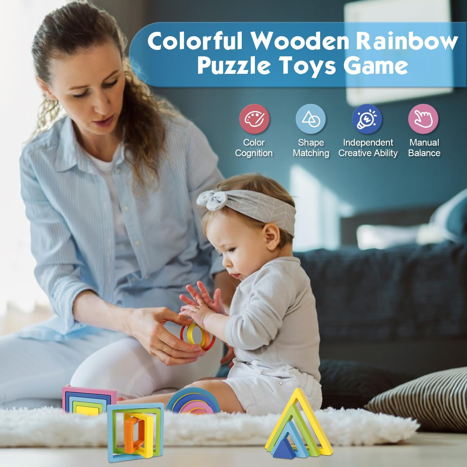 IKUKUER Wooden Rainbow Stacking Puzzle - Montessori Sensory Toys for Toddlers, Educational Building Blocks for Preschool Learning & Early Childhood Development - Perfect for Playtime, Classroom & Homeschool Activities