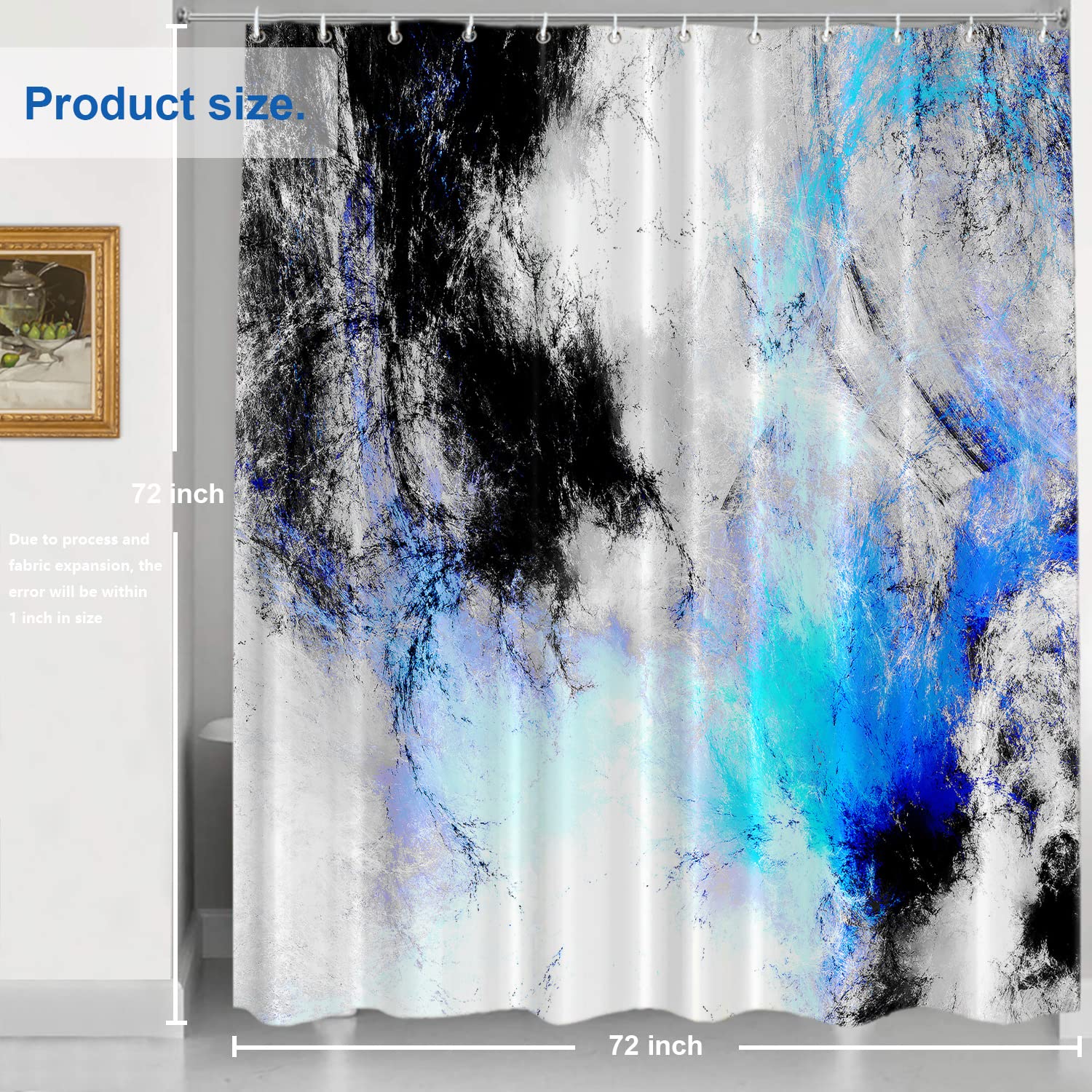 Shrahala Abstract Grey & White Waterproof Shower Curtain with Grommets 72x72 Inch - Modern Fractal Blue Black Grey Bathroom Decor for Shower Stall - Perfect for Contemporary Homes, Apartments & Guest Bathrooms