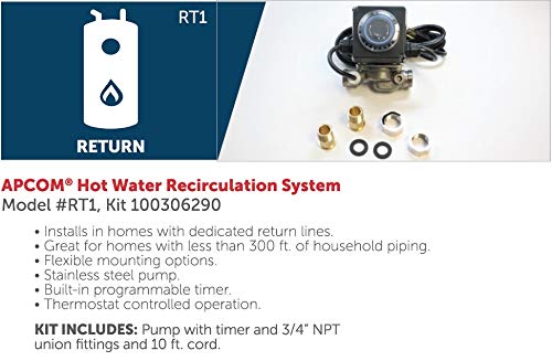 APCOM RT1 Hot Water Recirculating Pump System with Built-In Timer - Dedicated Return Line for Instant Hot Water | Energy Efficient Home Plumbing Solution | Perfect for Large Houses, Hotels & Commercial Buildings