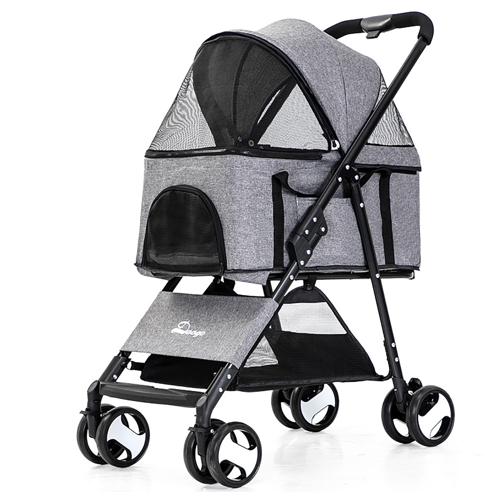 **4-Wheel Folding Pet Stroller for Dogs & Cats – Large Storage Basket, Cup Holder & Mesh Windows – Grey XL – Perfect for Travel, Walks & Outdoor Adventures**