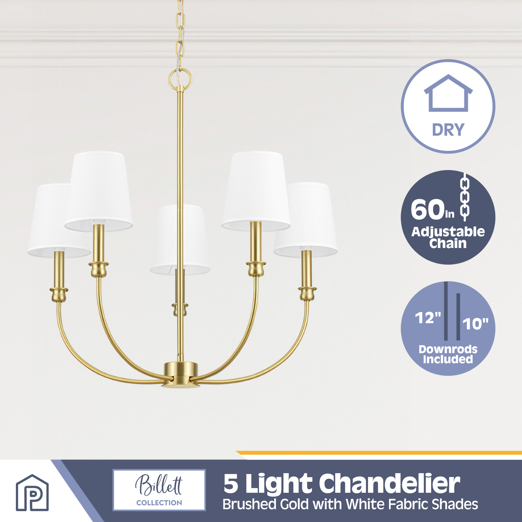 5-Light Brushed Gold Billet Chandelier with Fabric Shades - Modern Ceiling Light Fixture for Dining Room, Living Room, Bedroom & Foyer Decor