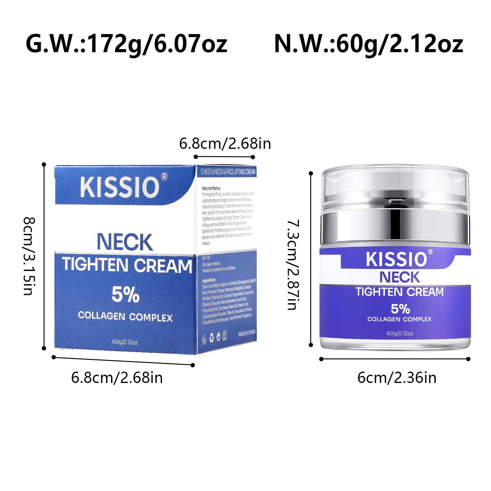 KISSIO 5% Collagen Complex Neck Firming Cream - Anti-Aging Neck Tightening Cream with Peptides & Aloe Vera for Lifting, Hydration & Wrinkle Reduction - All Skin Types - 2.12 Oz - Perfect for Night Routine & Daily Skincare Regimen