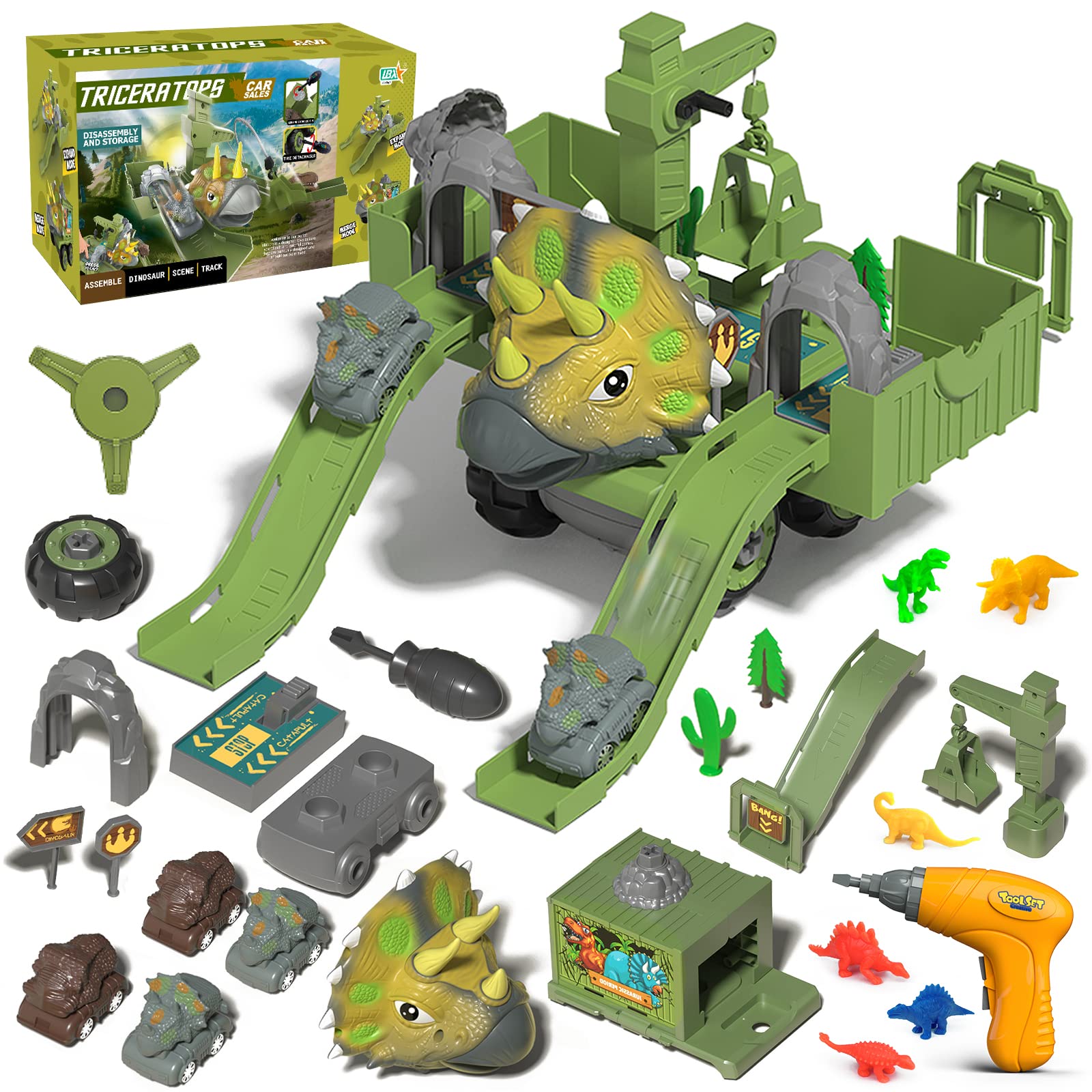 Dinosaur Take Apart Toys Playset with Electric Drill – 2 in 1 Dinosaur Cars & Transport Vehicles for Kids Ages 3-8, Perfect for Christmas & Birthday Gifts, STEM Learning & Imaginative Play