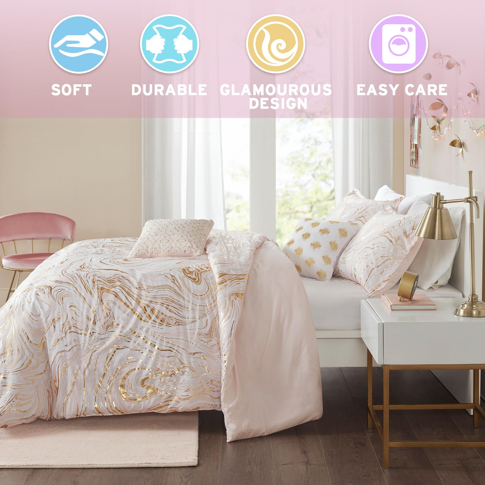 Intelligent Design Twin Duvet Cover Set - Modern Metallic Swirl Marble Print Microfiber Bedding with Throw Pillows (Twin/Twin XL, Blush/Gold, 4-Piece) | Chic Abstract Bedroom Decor for Teens & Guest Rooms