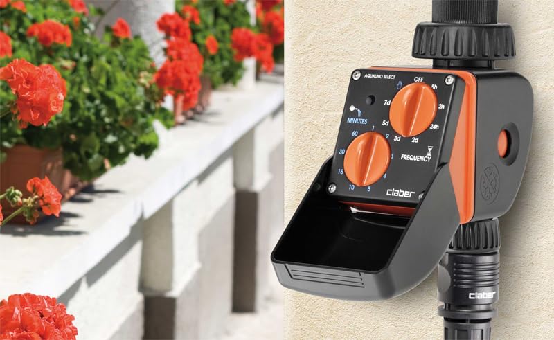 Claber 8423 Aquauno Select 2-Dial Water Timer - Automatic Garden Irrigation System (Orange) - Perfect for Lawn Sprinklers, Drip Irrigation & Outdoor Plant Watering