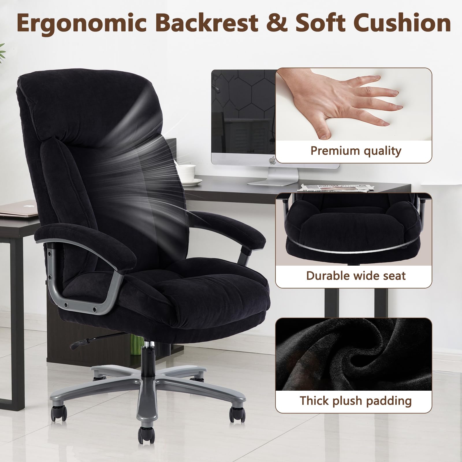 CLATINA Ergonomic Big and Tall Executive Office Chair - 400lbs High Capacity, Adjustable Height with Thick Padding, Headrest & Armrest - Upholstered Swivel Chair for Home Office (Black) - Perfect for Long Work Hours and Comfortable Workspaces
