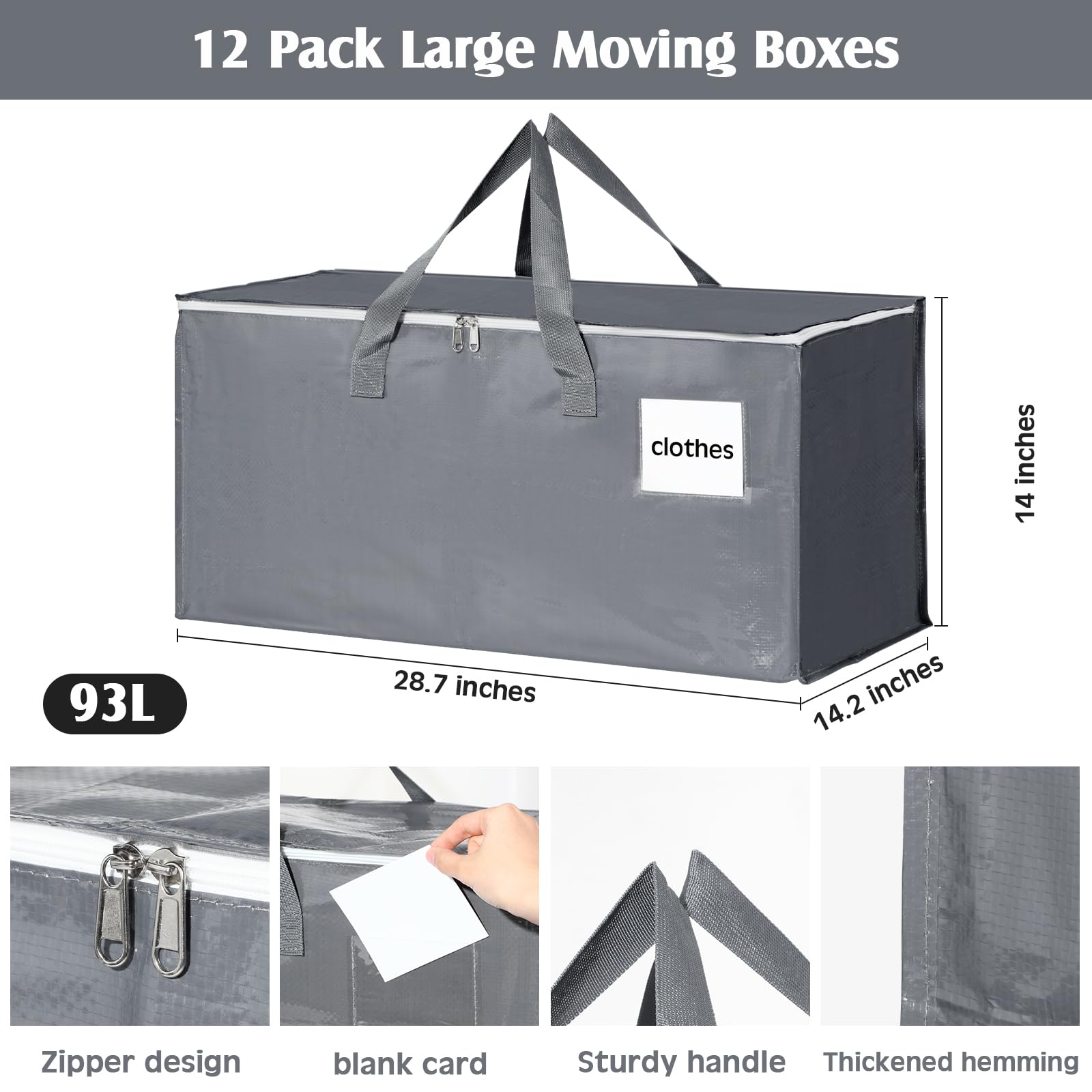 12-Pack Heavy Duty Moving Boxes with Zippers & Handles - 93L Large Storage Totes (28.7