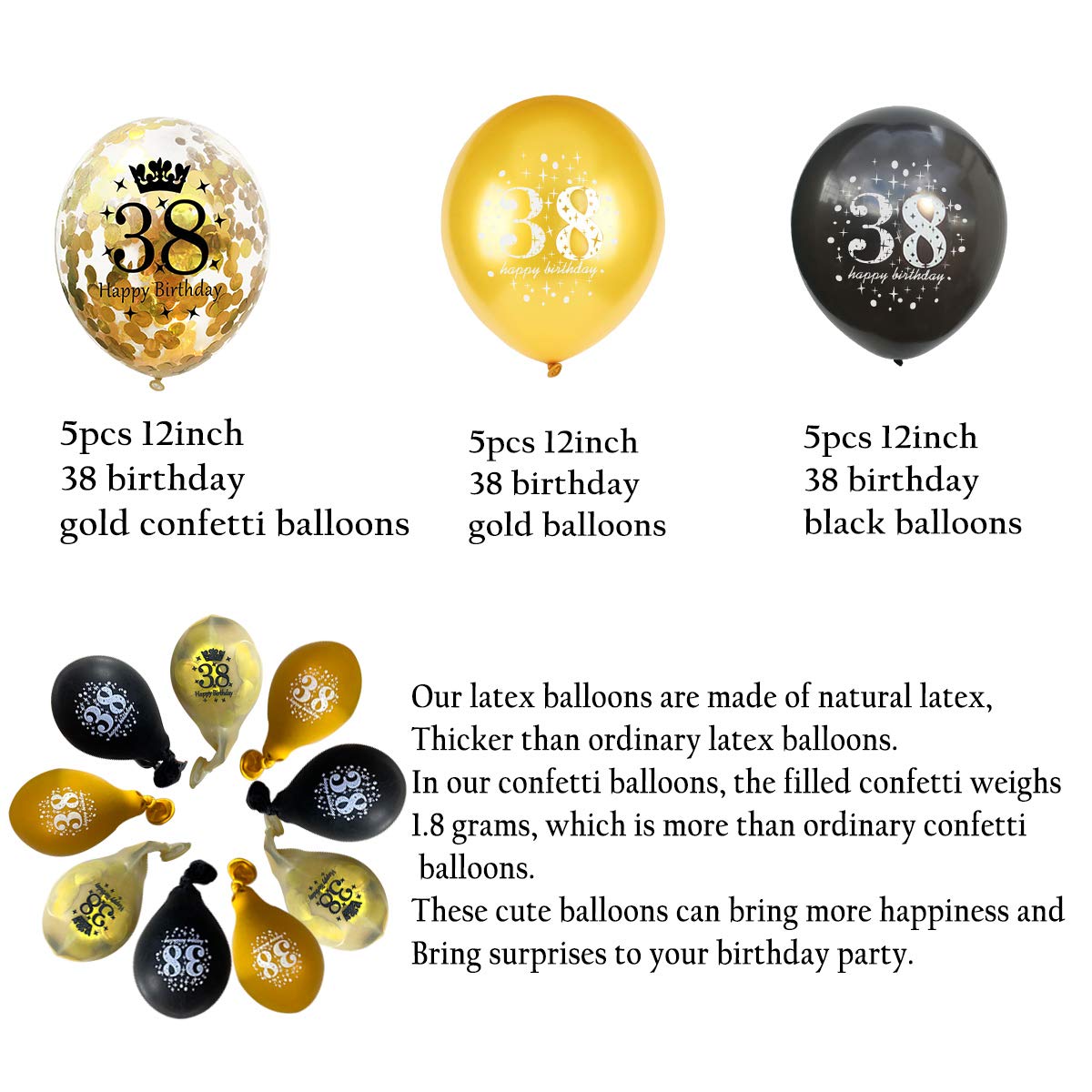 **Jonhamwelbor 38th Birthday Balloons - 15pcs 12 Inch Black Gold Confetti Printed Latex Balloons for Men & Women - Perfect for Birthday Party Decorations, Anniversary Celebrations & Milestone Events**