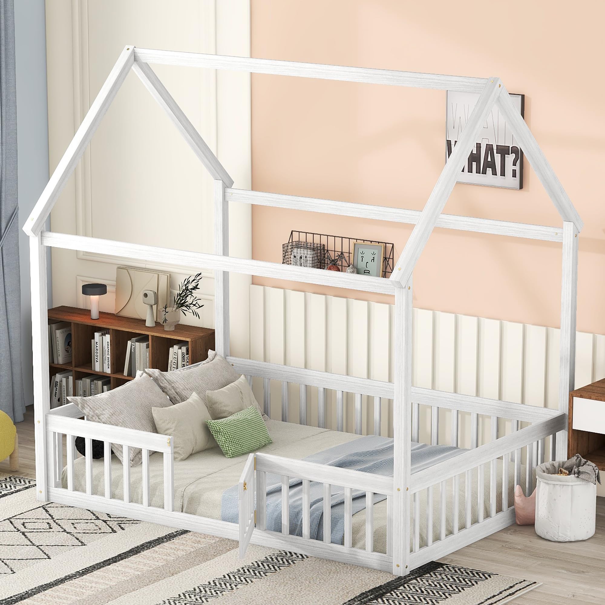 Montessori Floor Bed for Kids - Full Size House Bed with Safety Rails & Door - White Wooden Toddler Bed for Boys & Girls - Perfect for Montessori Bedrooms & Playrooms