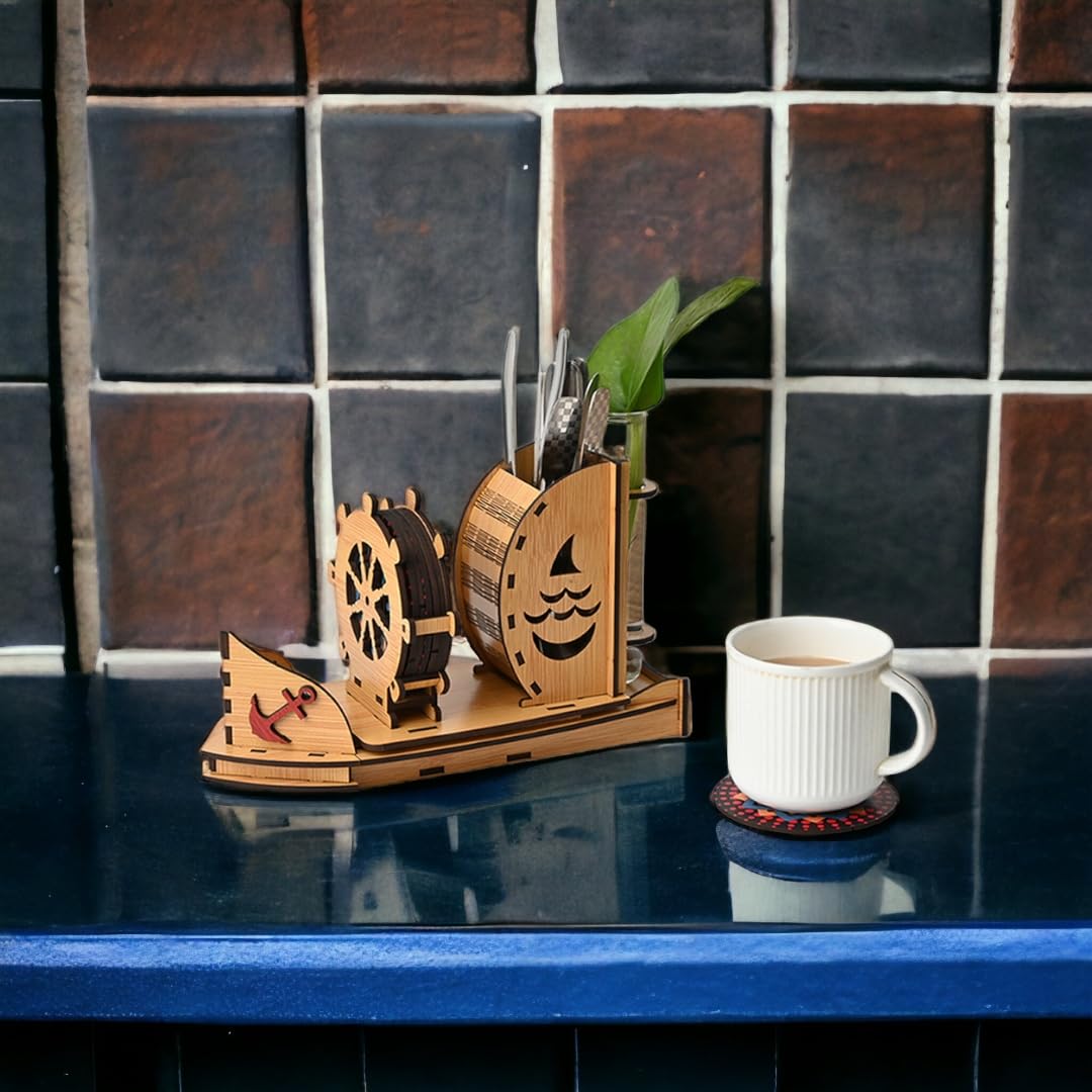 GKD Wooden Coaster Set - 6 Piece Boat Shaped Coasters with Test Tube Planter Holder | Bamboo Drink Coasters for Dining Table Decor & Office Desk Accessories | Perfect for Home Bar, Coffee Table & Kitchen Counter Use