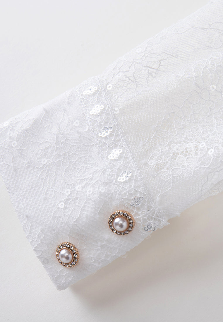 Elegant Lace Shirt with Ruffle Trim, Sequin Details & Embellished Buttons - Perfect for Parties, Weddings & Special Occasions
