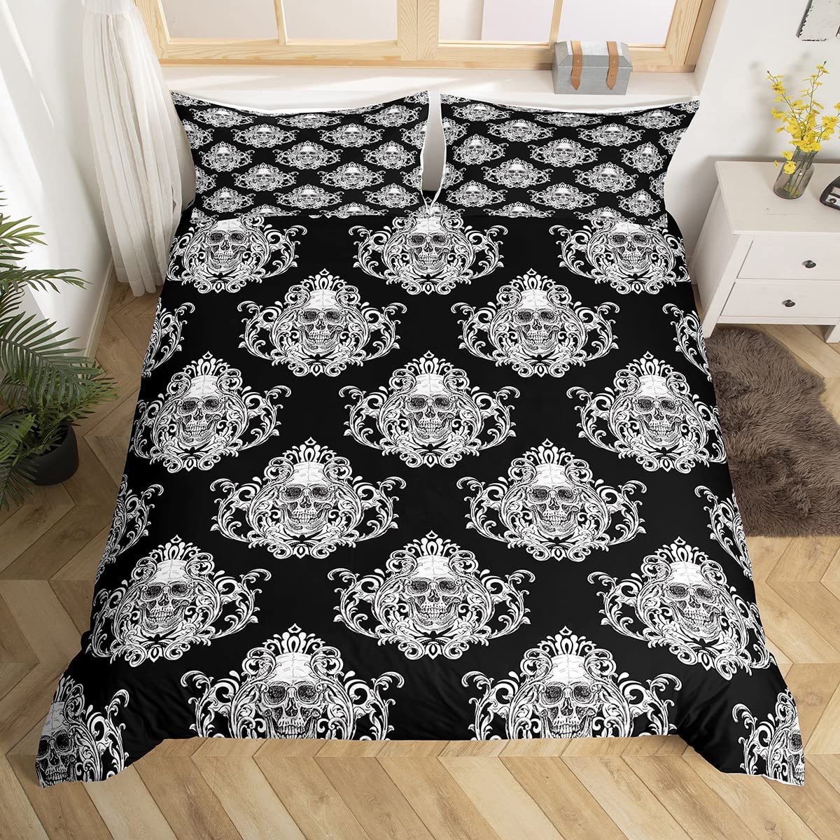 Gothic Skull Bedding Set Twin Size - White Lace Floral Duvet Cover for Kids & Boys, Halloween Skeleton Bedding (2-Piece Set) | Perfect for Gothic Decor, Teen Bedrooms & Spooky Halloween Themed Rooms