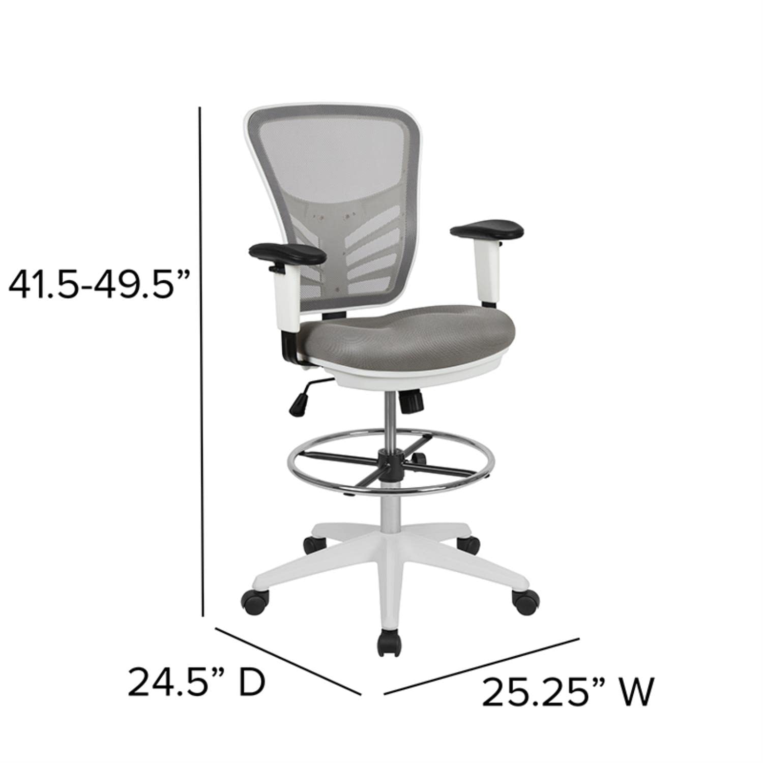 Flash Furniture Tyler Mid-Back Ergonomic Mesh Drafting Chair - Light Gray with Adjustable Arms, Chrome Foot Ring & White Frame - Perfect for Office, Home Studio & Architectural Workstations