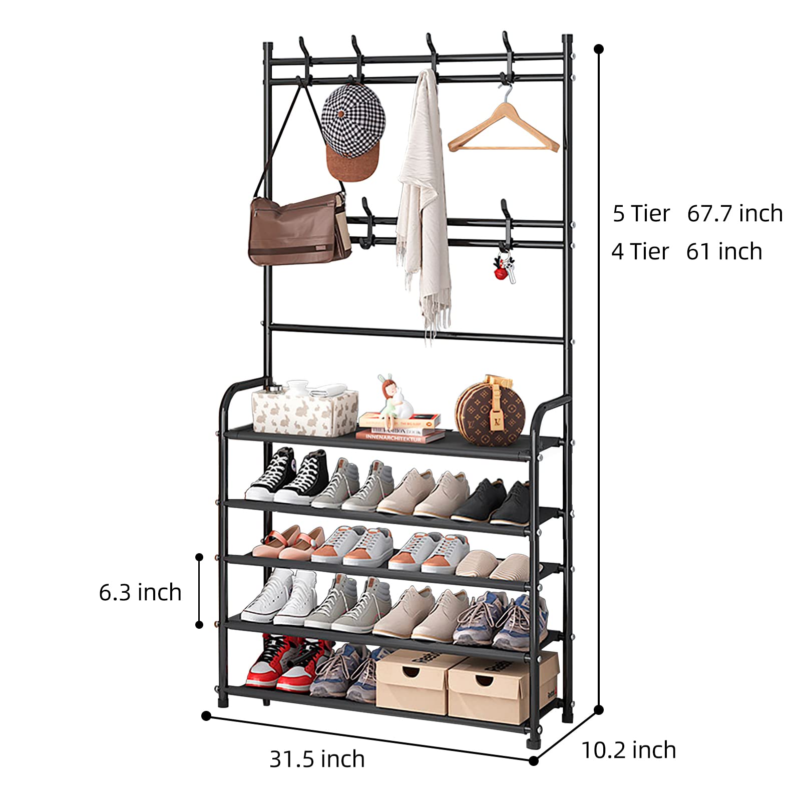 5-Tier Black Shoe Rack Stand Organizer - Space Saving Closet & Entryway Storage Solution for Sneakers, Boots & Sandals | Perfect for Home, Apartment & Dorm Organization
